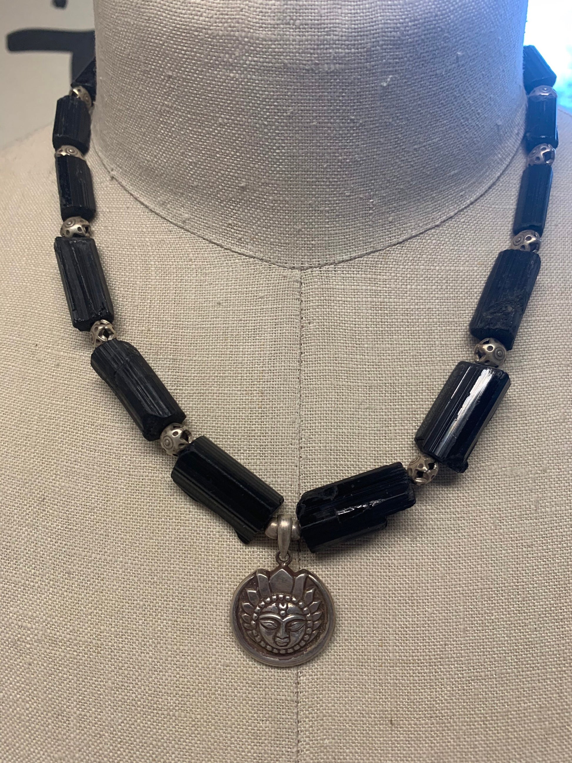 necklace "Light in the Darkness" Sterling Sun/Moon pendant, Black Tourmaline, Hill Tribe Silver Stars, Gender Neutral, Reiki vibe, Gift idea