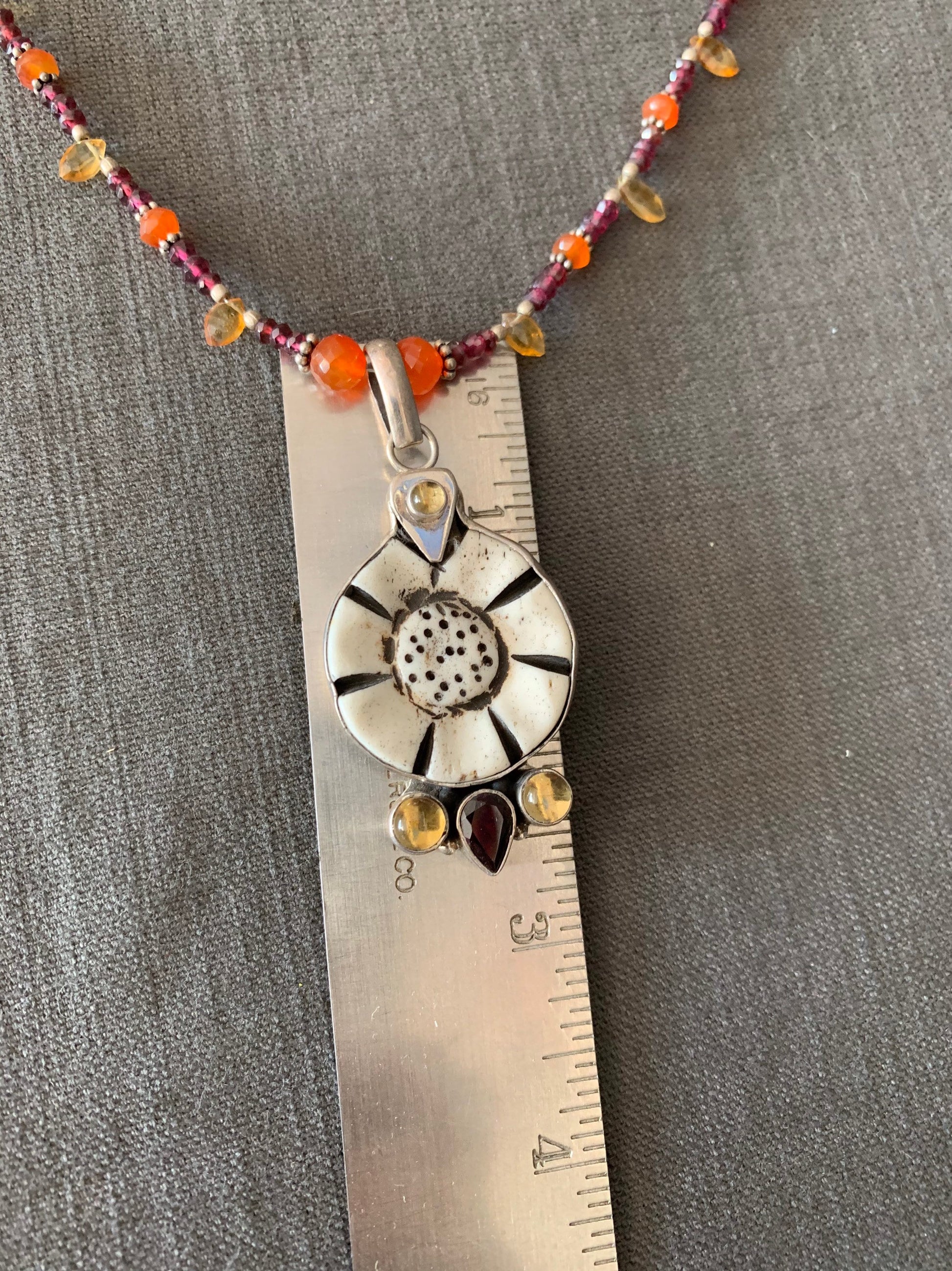 necklace "Sunflower" Carved Flower pendant, Garnet, Citrine, Carnelian, Flower Power, Sunflower jewelry, Reiki charged, Chakra jewelry