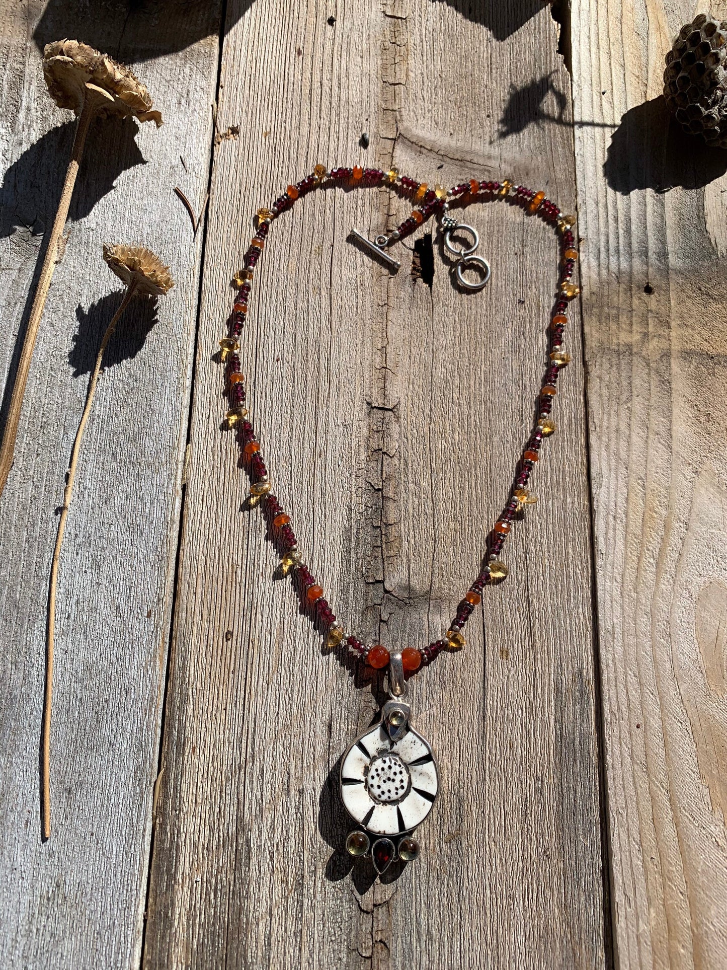 necklace "Sunflower" Carved Flower pendant, Garnet, Citrine, Carnelian, Flower Power, Sunflower jewelry, Reiki charged, Chakra jewelry