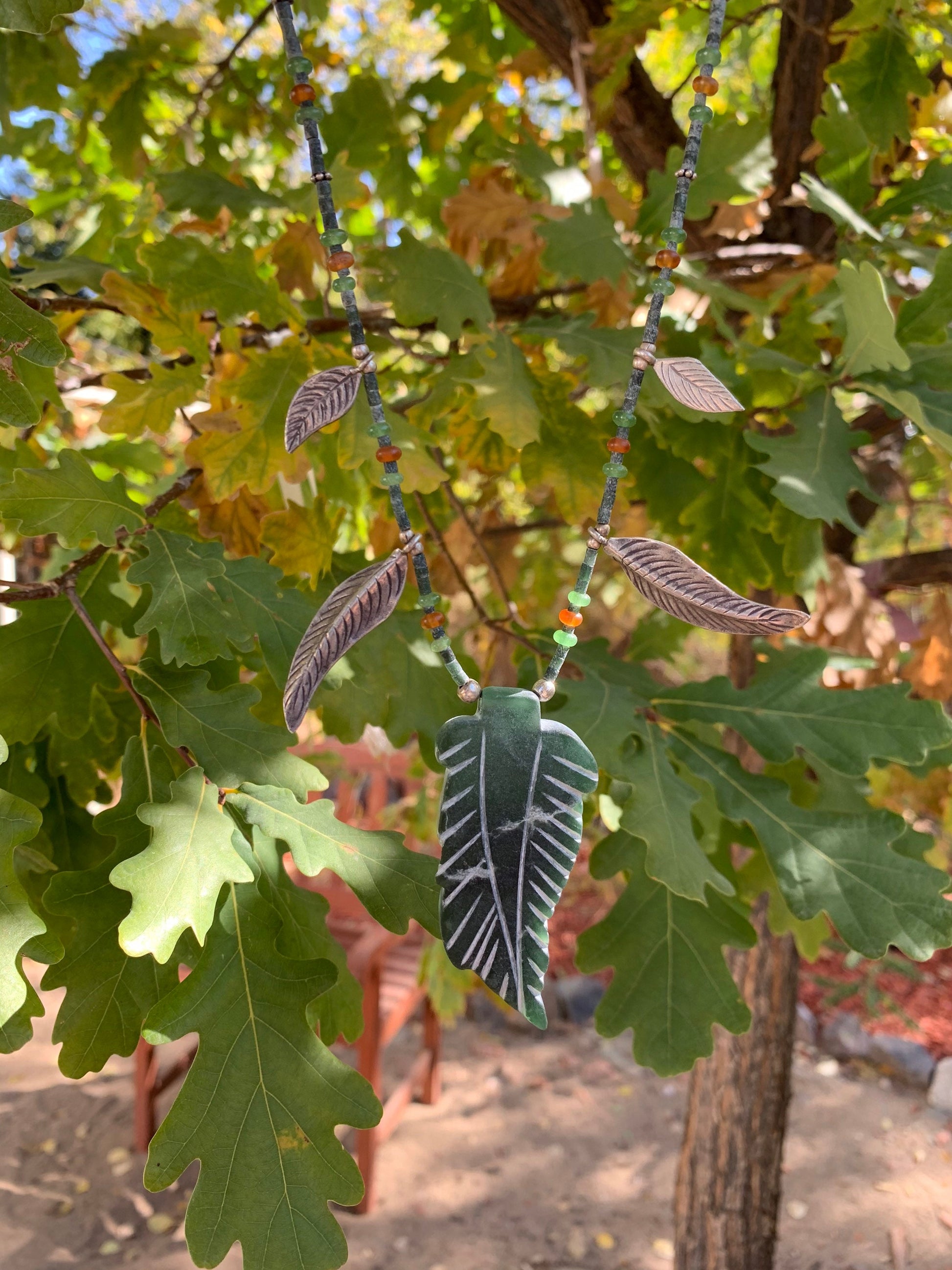 necklace "Grows on Trees" Jade Leaf pendant, Fine Silver leaves, Jade necklace, Carnelian, Gender Neutral, Gift idea, Reiki charged