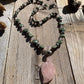 necklace "Love Grows" Carved Rose Quartz Leaf pendant, Chiang Mai Silver beads, Serpentine Hearts, Statement Piece, Hill Tribe Silver, Reiki