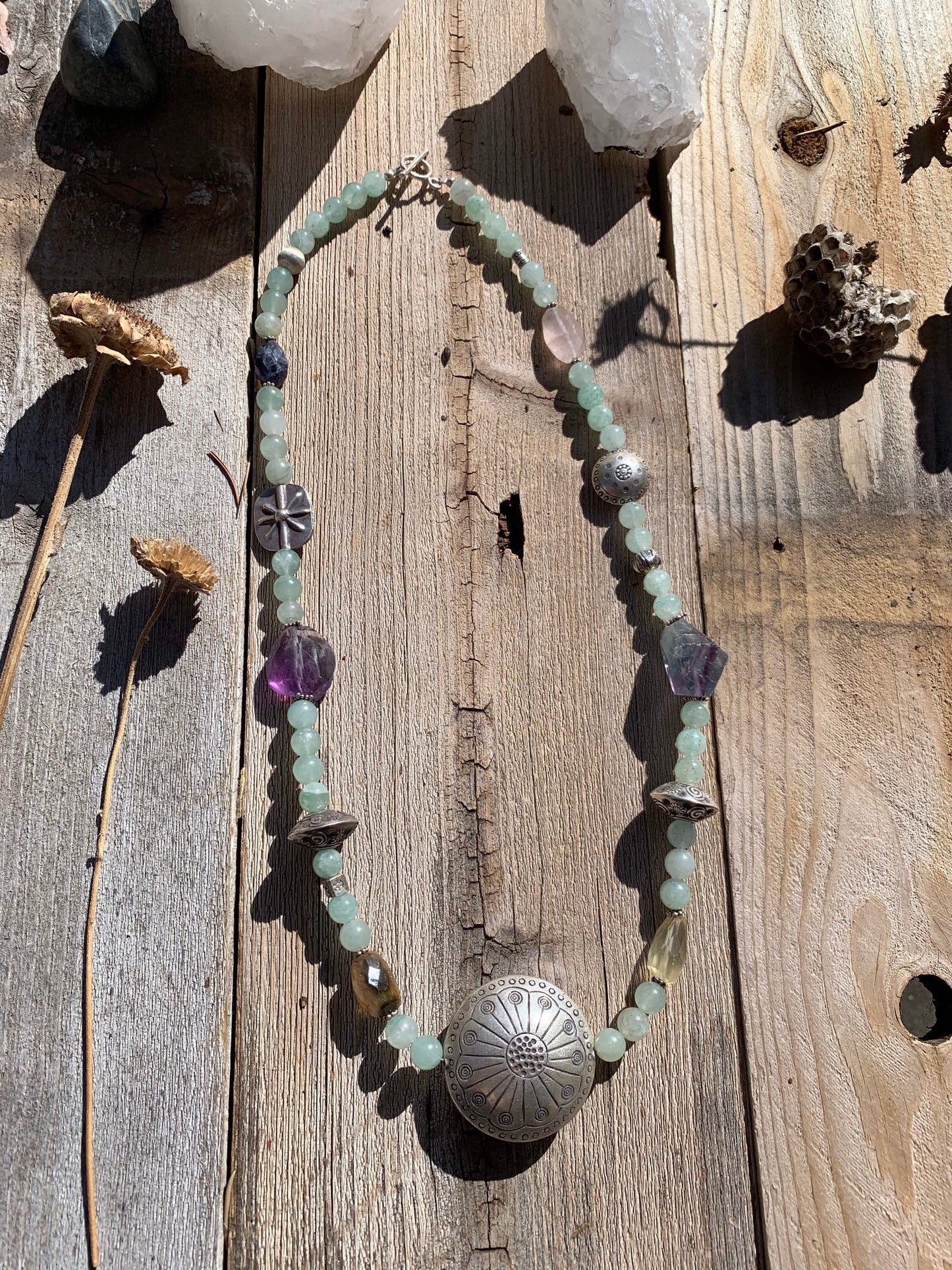 necklace "Spring Statement" Fine Silver focal beads, Aventurine, Iolite, Amethyst, Tourmaline, Statement piece, Gender Neutral, Reiki vibes