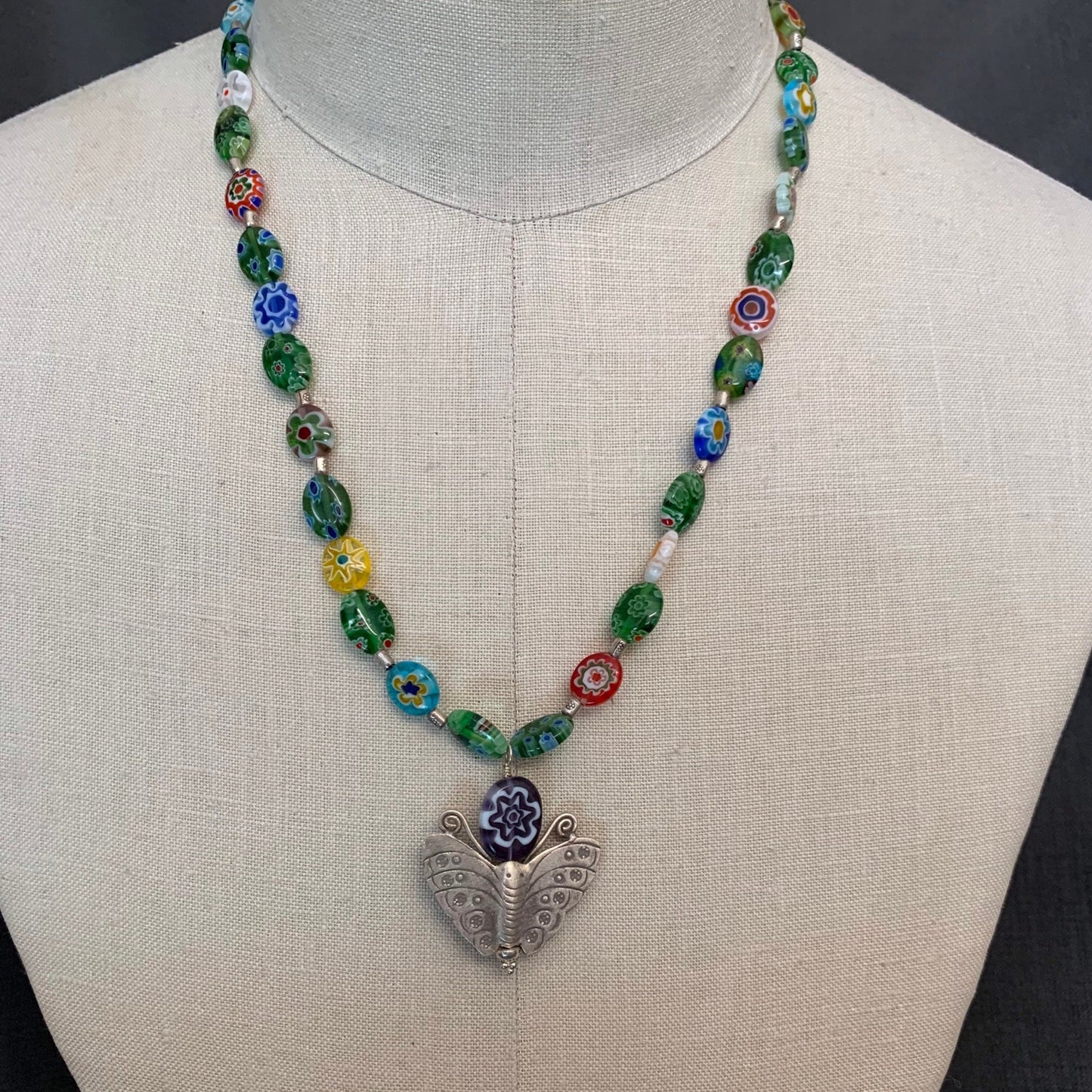 Necklace “Searching for Beauty” Hill Tribe Silver Butterfly, Millefiori beads, Handmade beads, Spring Line, Gender Neutral, Intensional Art