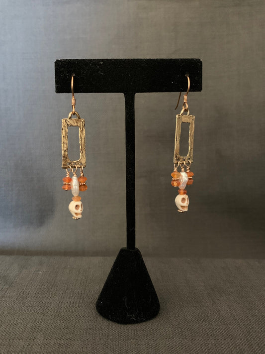 Earrings “Ancestral Drops” Bronze Charms, Skulls, Freshwater Pearls, Carnelian, Halloween jewelry, Day of the Dead, Skull chandeliers,