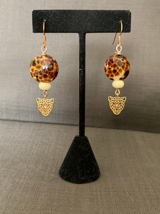 Earrings “Leopard Glass” Gold plated Leopard Charms, Lampwork Glass "Leopard" Beads, Gift Idea, Zoom Earrings, Animal Guide, Reiki Charged