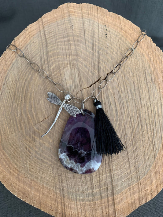 pendant "Transformative Healing" Chevron Amethyst, Hill Tribe Silver Damselfly, Black Tassel, Sterling chain, Reiki charged, Gift idea