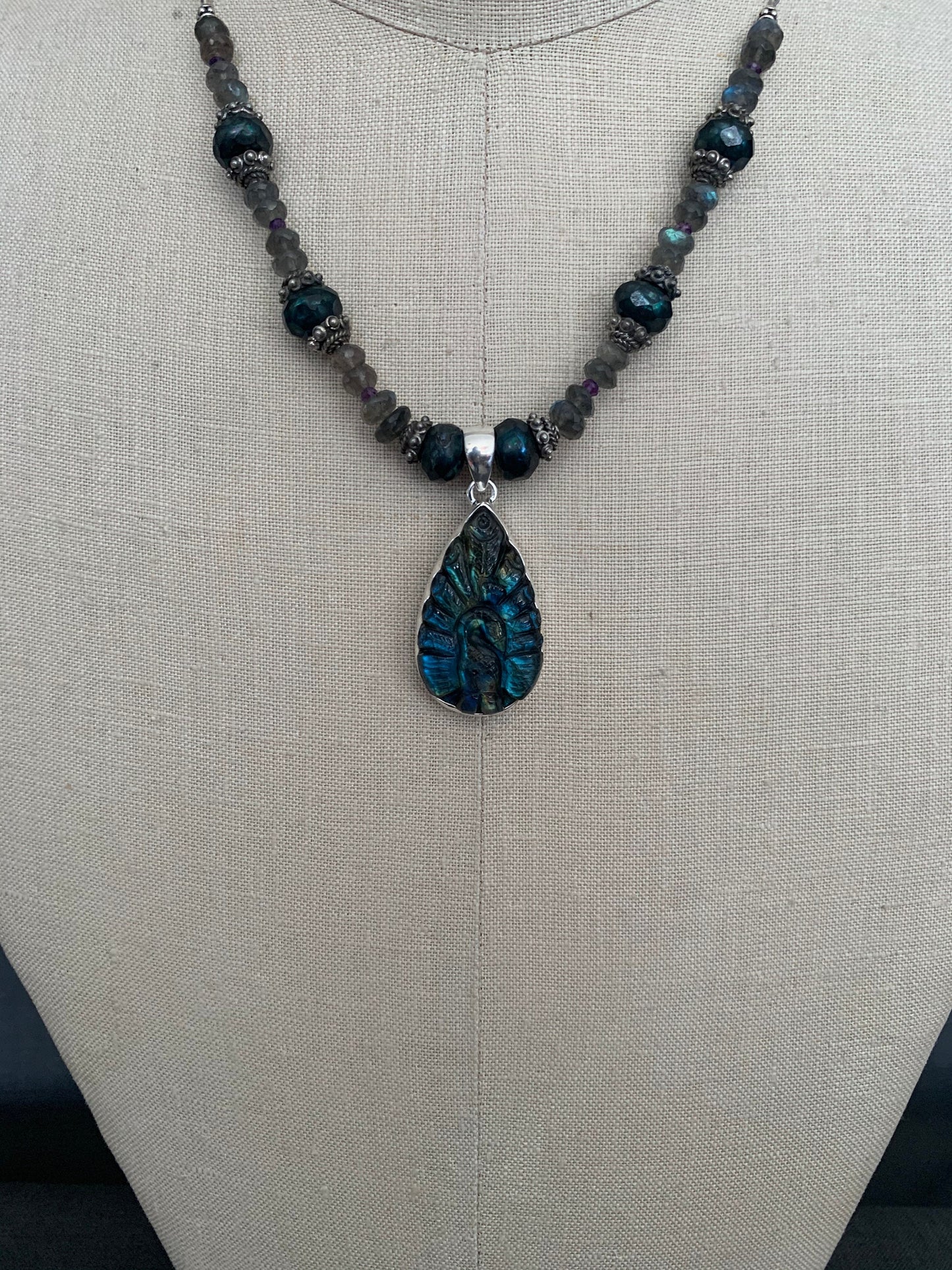 Necklace “Royal Peacock” Carved Labradorite Peacock, Faceted Teal Pearls, Labradorite, Amethyst, Gift Idea, Statement Piece, Reiki Charged