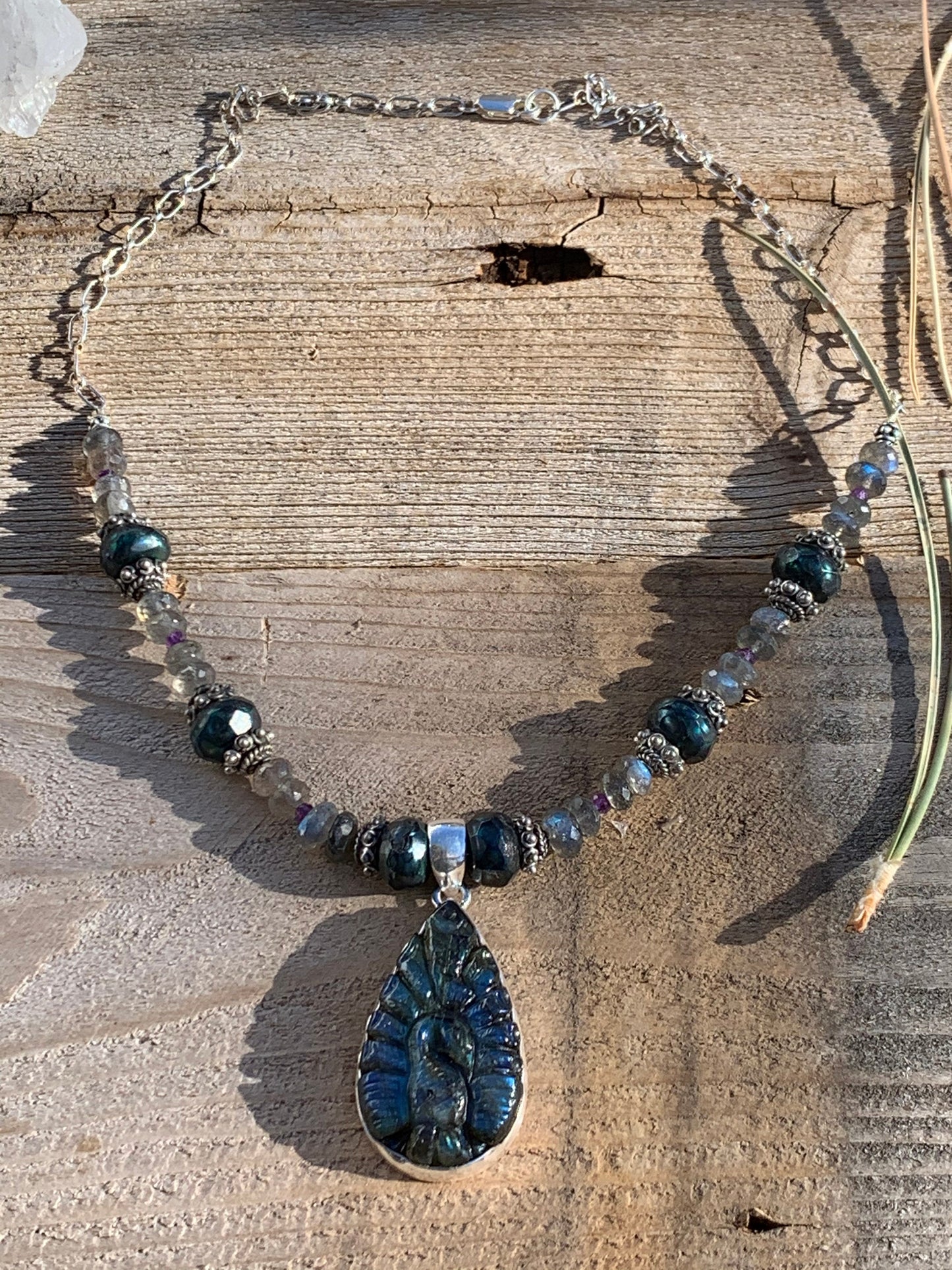 Necklace “Royal Peacock” Carved Labradorite Peacock, Faceted Teal Pearls, Labradorite, Amethyst, Gift Idea, Statement Piece, Reiki Charged