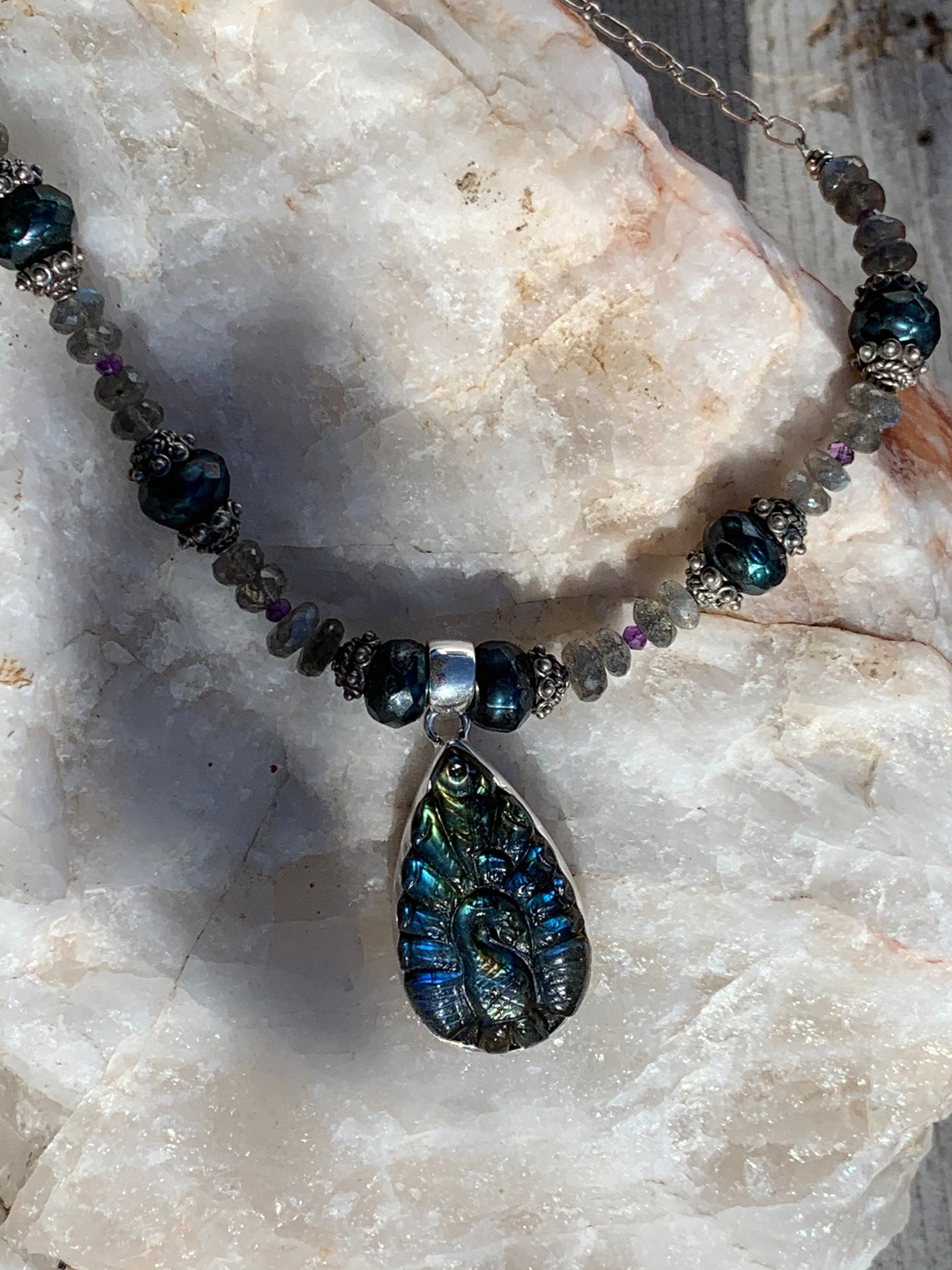 Necklace “Royal Peacock” Carved Labradorite Peacock, Faceted Teal Pearls, Labradorite, Amethyst, Gift Idea, Statement Piece, Reiki Charged