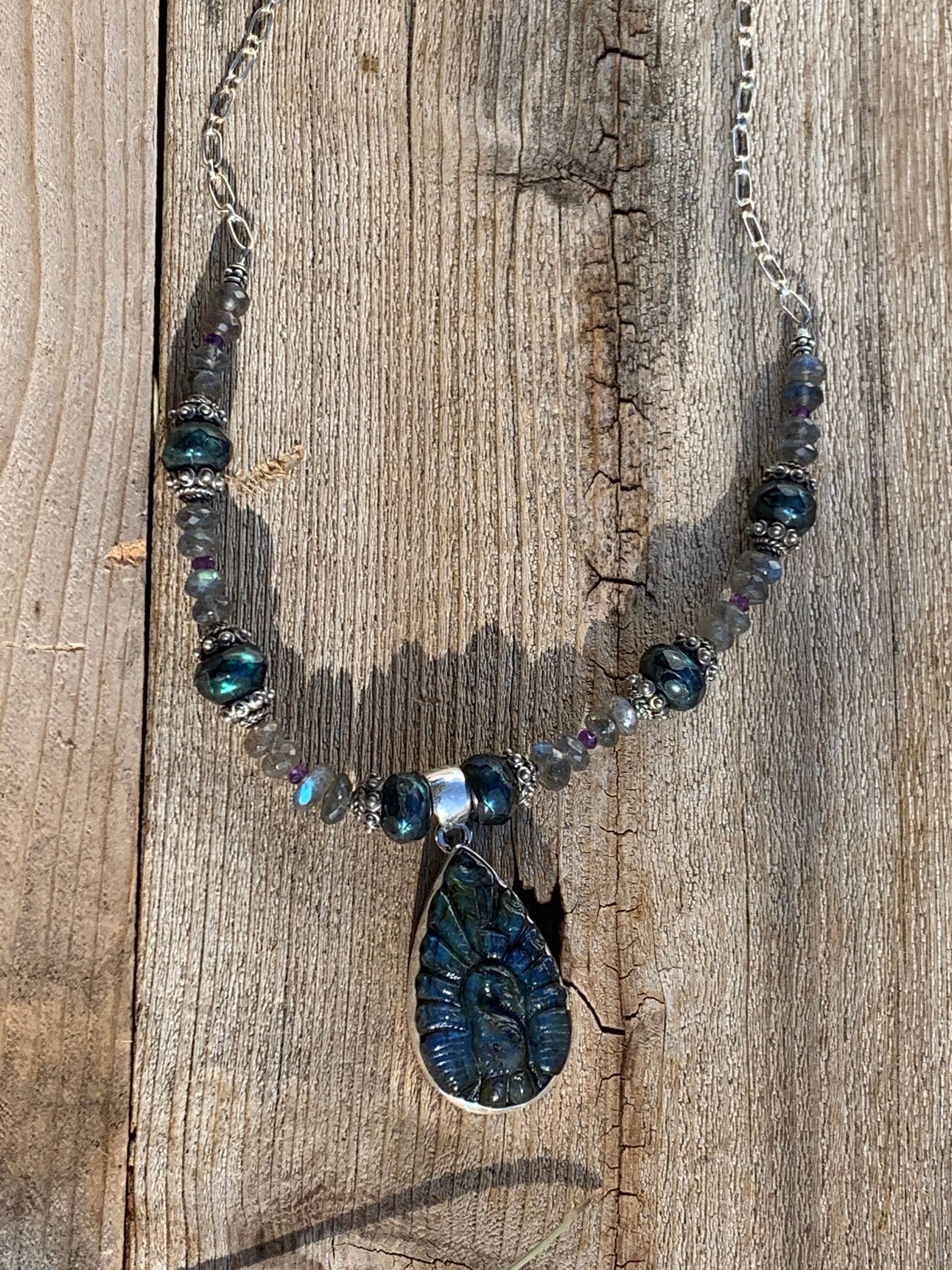 Necklace “Royal Peacock” Carved Labradorite Peacock, Faceted Teal Pearls, Labradorite, Amethyst, Gift Idea, Statement Piece, Reiki Charged