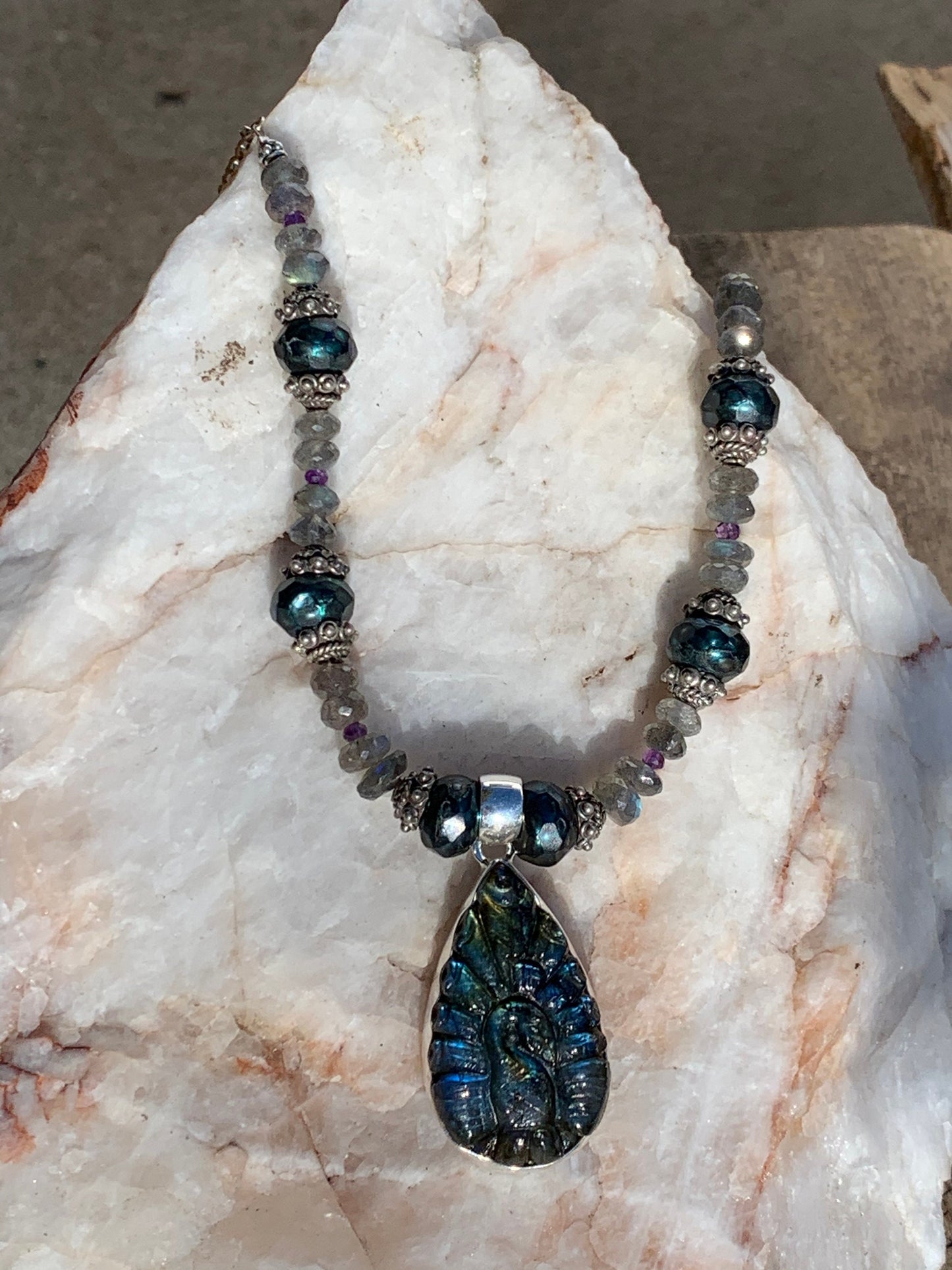 Necklace “Royal Peacock” Carved Labradorite Peacock, Faceted Teal Pearls, Labradorite, Amethyst, Gift Idea, Statement Piece, Reiki Charged