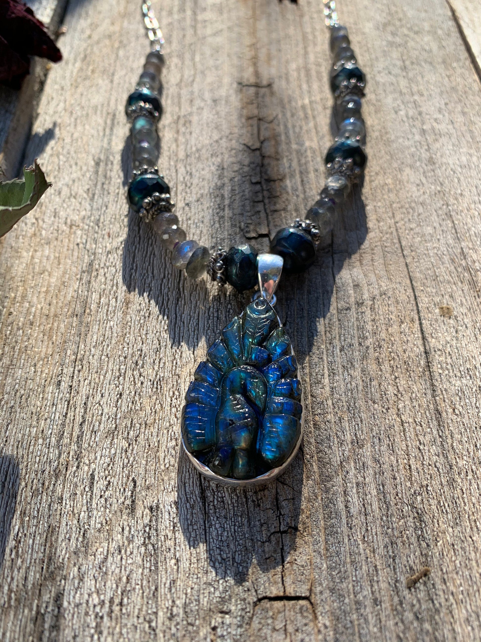 Necklace “Royal Peacock” Carved Labradorite Peacock, Faceted Teal Pearls, Labradorite, Amethyst, Gift Idea, Statement Piece, Reiki Charged