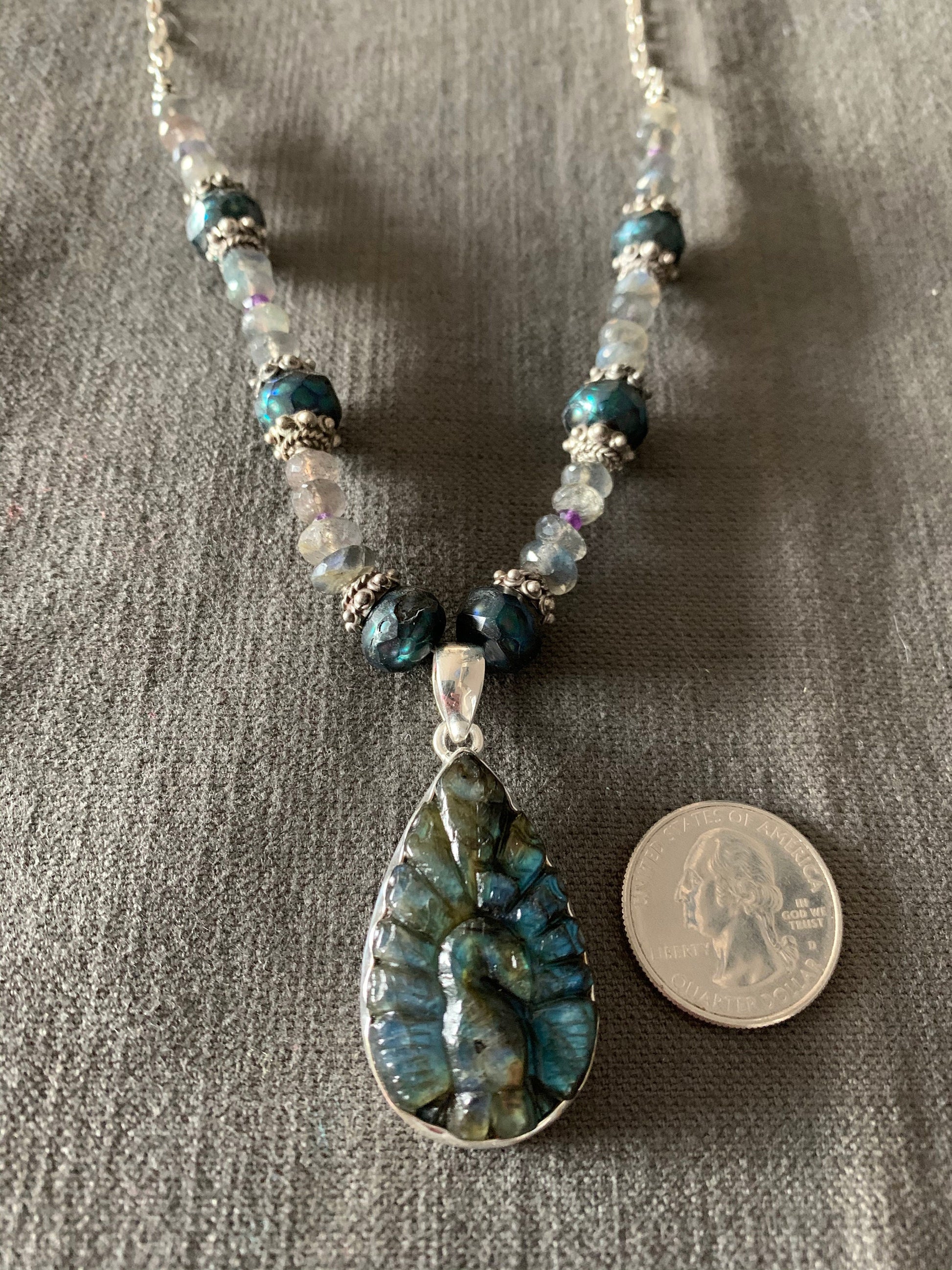 Necklace “Royal Peacock” Carved Labradorite Peacock, Faceted Teal Pearls, Labradorite, Amethyst, Gift Idea, Statement Piece, Reiki Charged