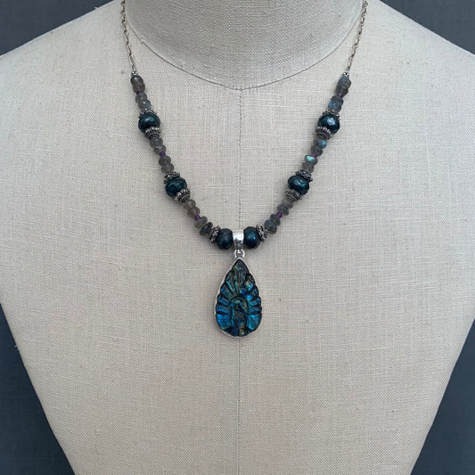 Necklace “Royal Peacock” Carved Labradorite Peacock, Faceted Teal Pearls, Labradorite, Amethyst, Gift Idea, Statement Piece, Reiki Charged