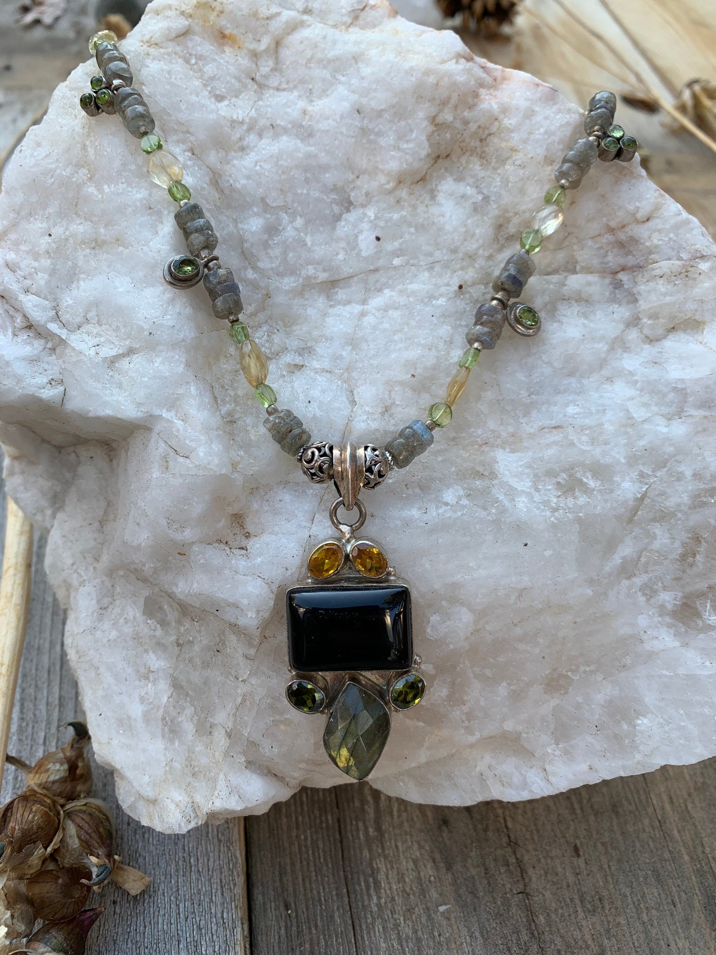 necklace "Night Forest" Onyx Labradorite Citrine & Peridot pendant, Labradorite, Peridot, Citrine, Gift Idea, Statemen necklace, Reiki vibes