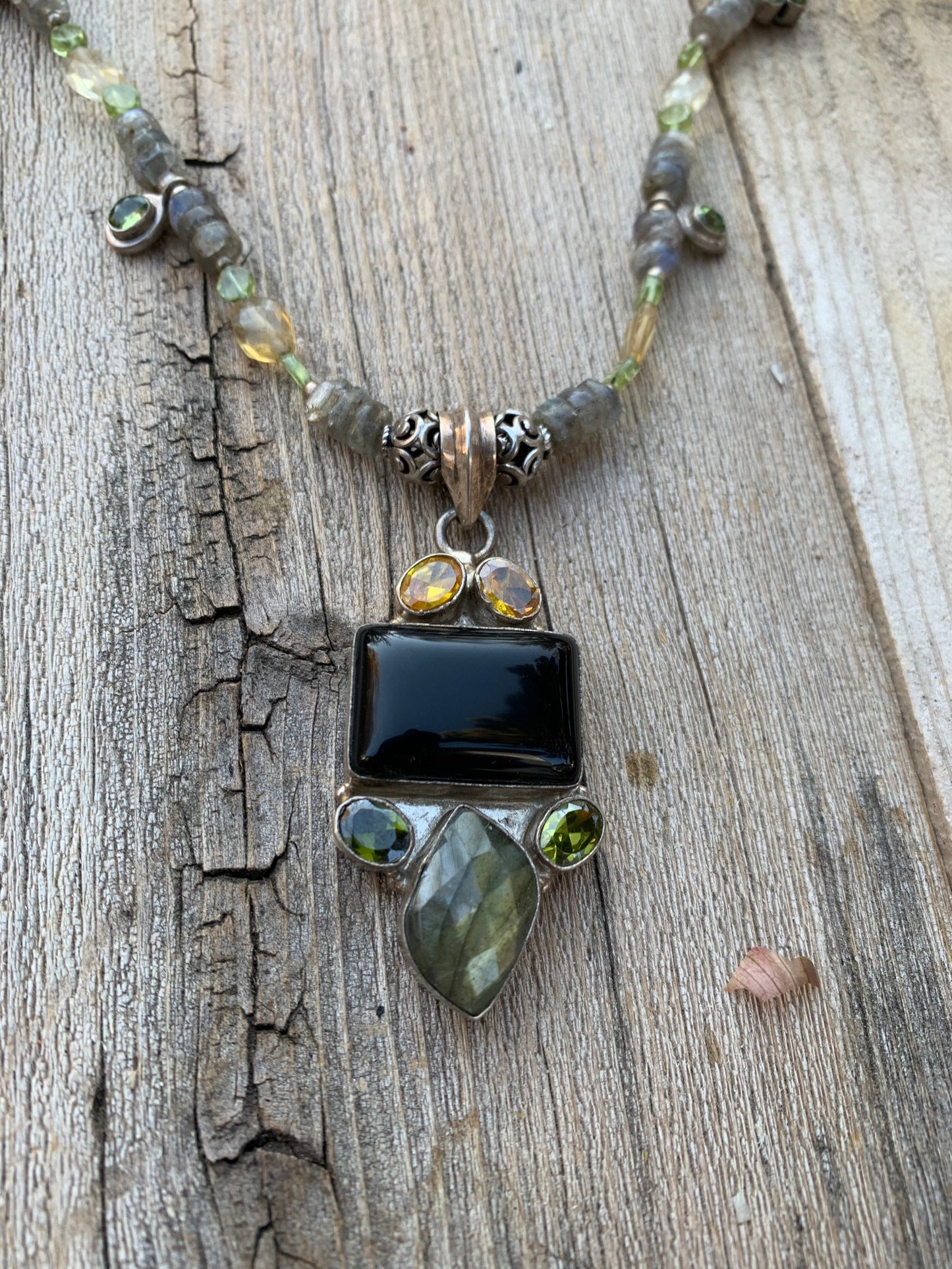 necklace "Night Forest" Onyx Labradorite Citrine & Peridot pendant, Labradorite, Peridot, Citrine, Gift Idea, Statemen necklace, Reiki vibes