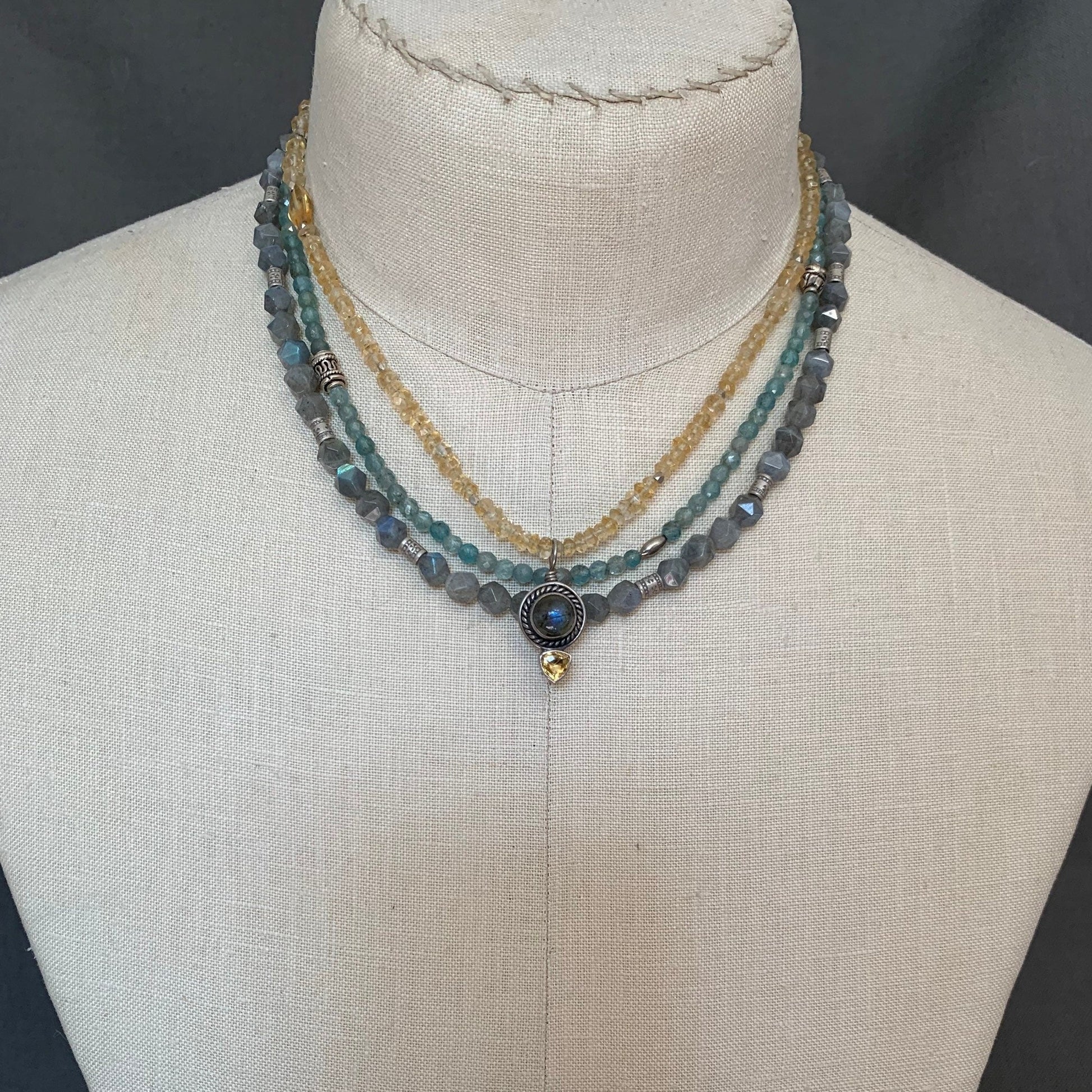 Multi-Strand necklace "Harvest Sky" Labradorite pendant, Citrine, Apatite, Hill Tribe Silver beads, Fall Line, Reiki charged, Boho Style