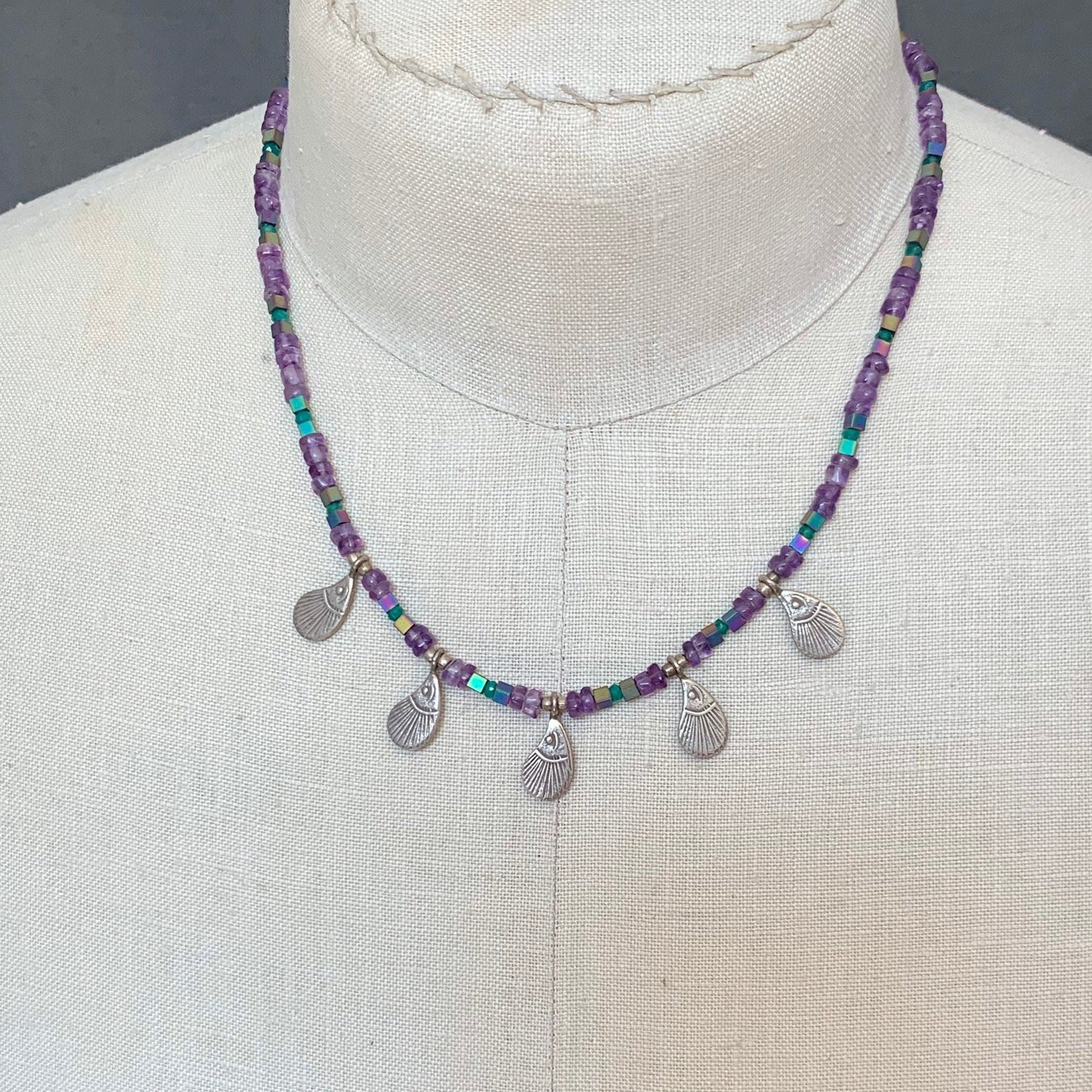 Peacock necklace "Watchful Beauty" Fine Silver Peacock feathers, Amethyst, Green Agate, Rainbow Hematite, Hera, Juno, Hill Tribe Silver