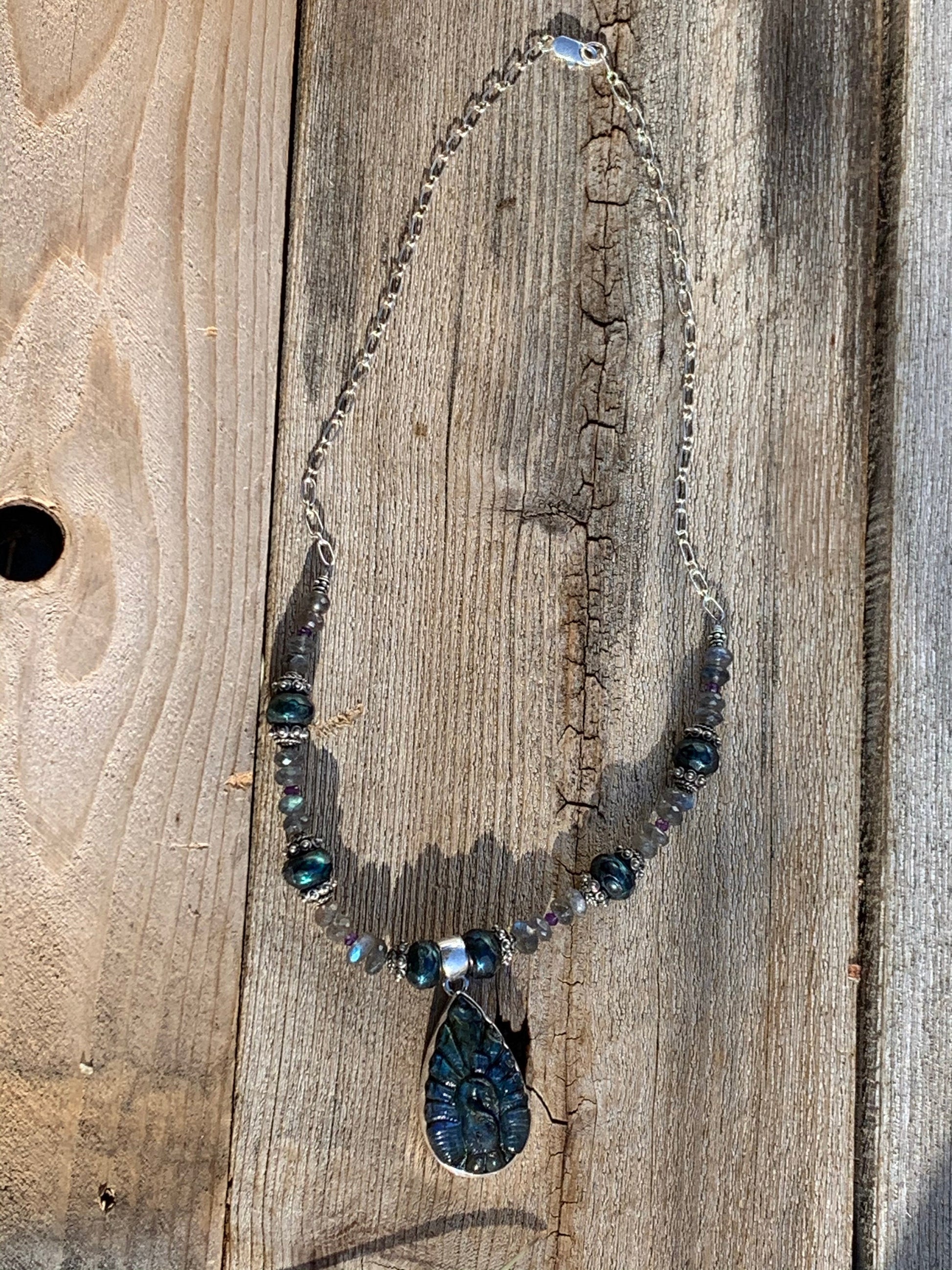 Necklace “Royal Peacock” Carved Labradorite Peacock, Faceted Teal Pearls, Labradorite, Amethyst, Gift Idea, Statement Piece, Reiki Charged