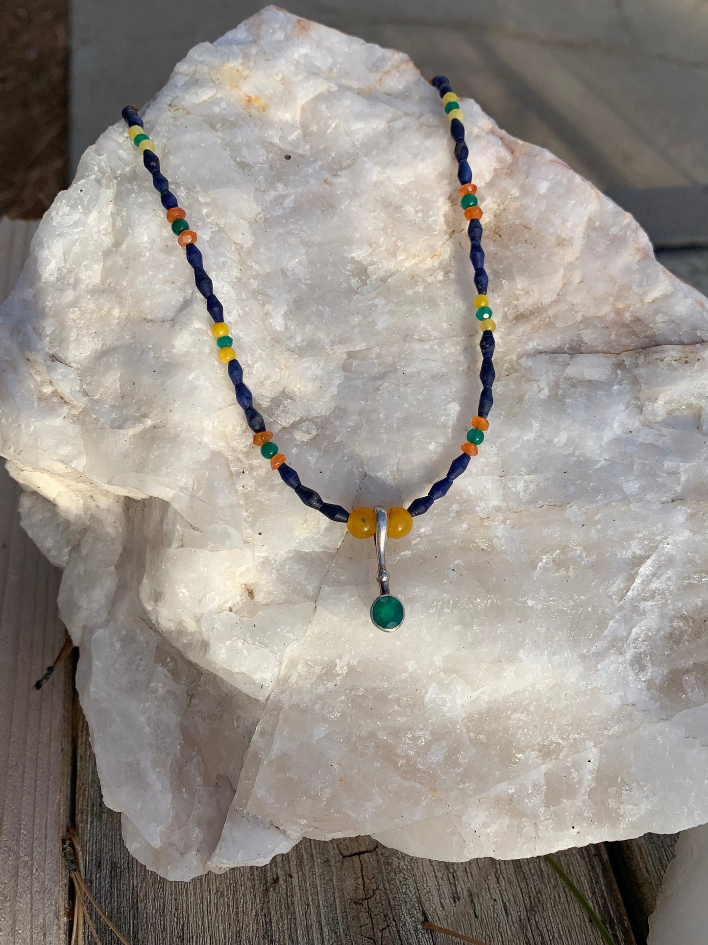 Necklace “Almost Primary" Green Agate pendant, Afghan Lapis, Carnelian, Gift idea, Stacking necklace, Zoom jewelry, Gender Neutral jewelry