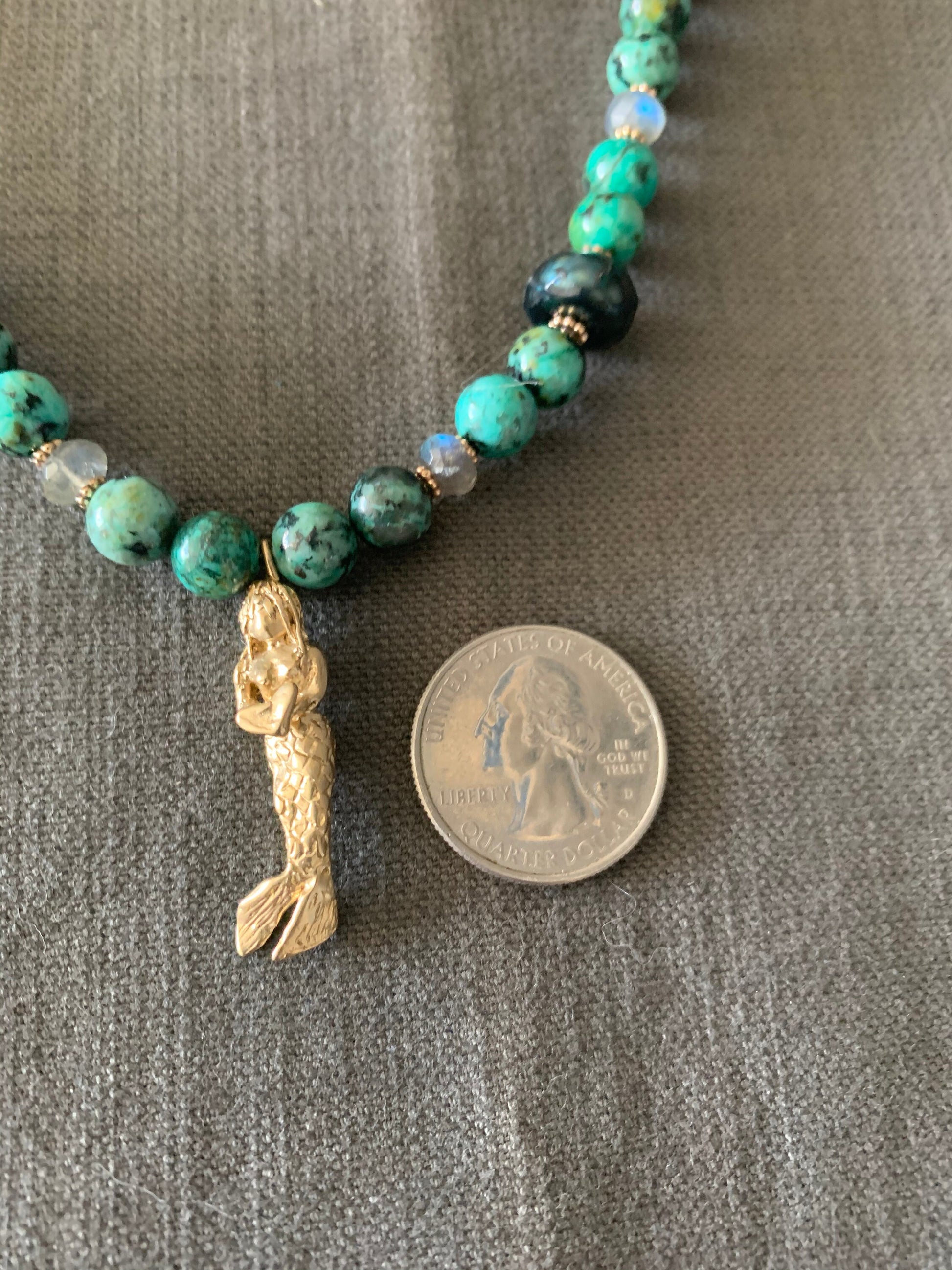 Necklace Earring set “Sweet Siren” Bronze Mermaid pendant, African Turquoise, Teal Pearls, Drop Earrings, Gift Idea, Mermaid jewelry, Reiki