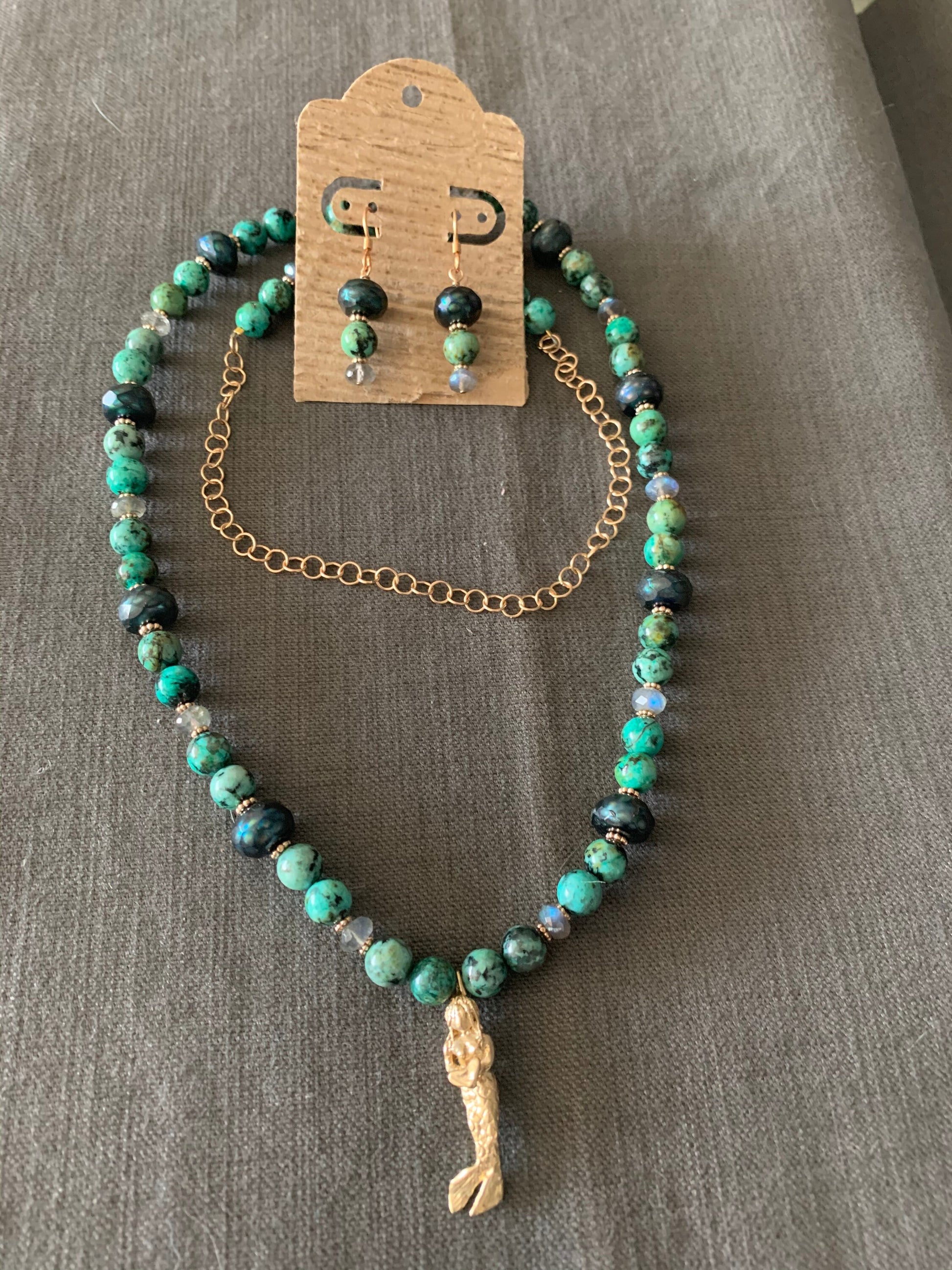 Necklace Earring set “Sweet Siren” Bronze Mermaid pendant, African Turquoise, Teal Pearls, Drop Earrings, Gift Idea, Mermaid jewelry, Reiki