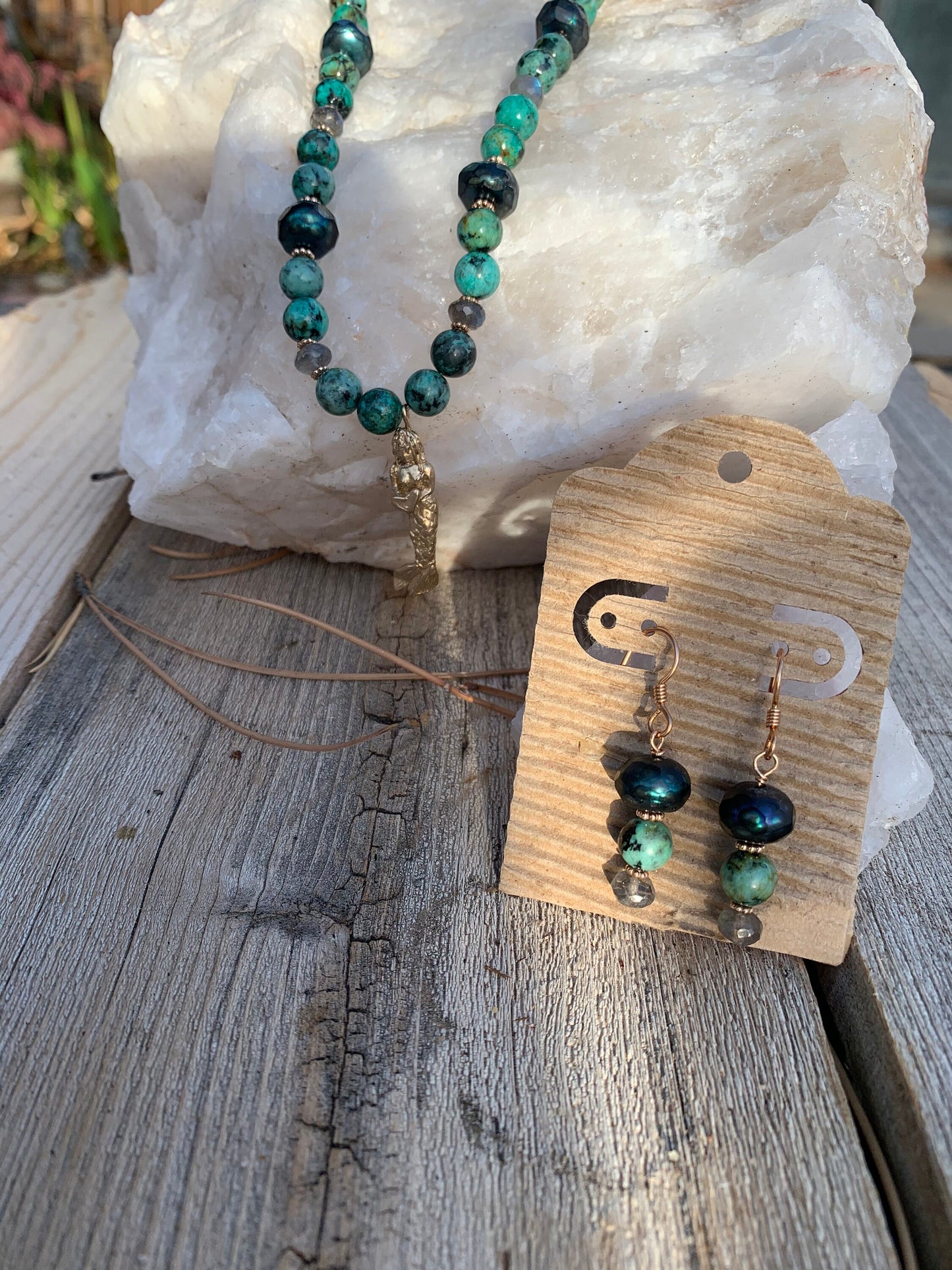 Necklace Earring set “Sweet Siren” Bronze Mermaid pendant, African Turquoise, Teal Pearls, Drop Earrings, Gift Idea, Mermaid jewelry, Reiki