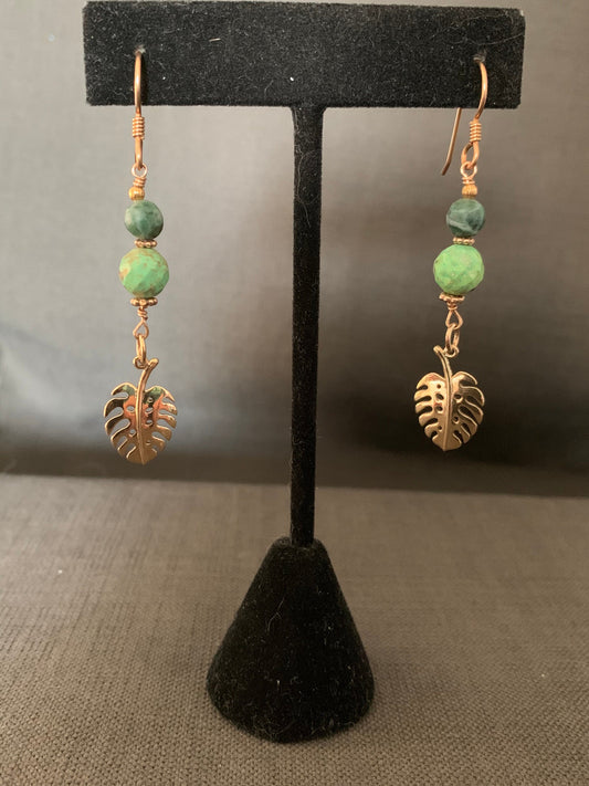 Earrings “tropical drops” Bronze Monstera leaves, Moss Agate, Plant Lover earrings, Gift Idea, Monstera Leaves, Reiki charged, Heart Chakra