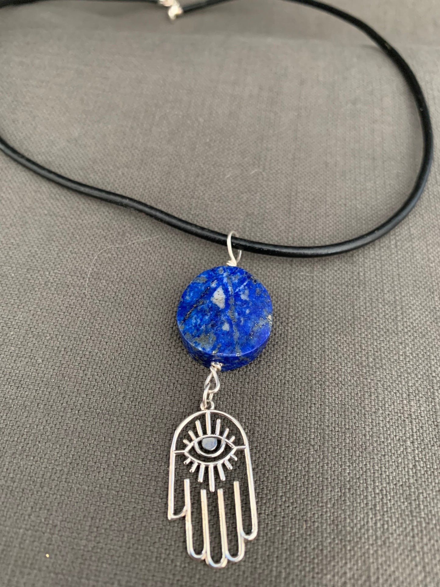 Pendant "Good Luck Charm" Afghan Lapis Focal, Sterling Hamsa, Good Luck, Protection, All Seeing Eye, Gender Neutral pendant, Throat chakra