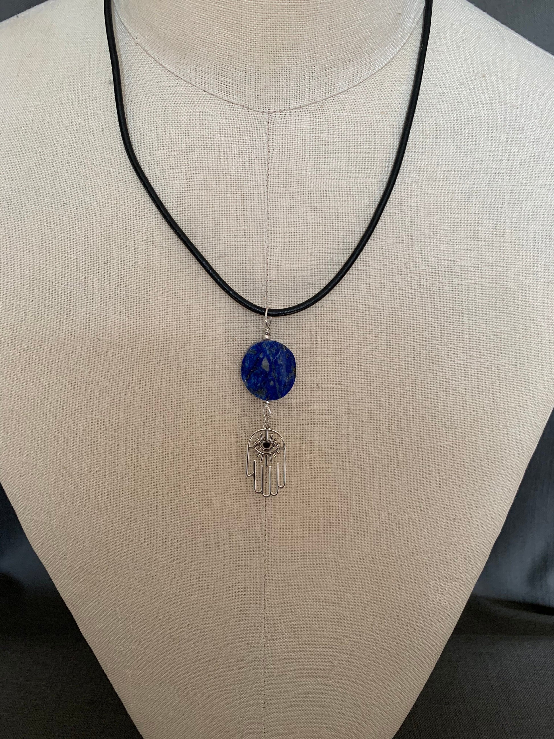 Pendant "Good Luck Charm" Afghan Lapis Focal, Sterling Hamsa, Good Luck, Protection, All Seeing Eye, Gender Neutral pendant, Throat chakra