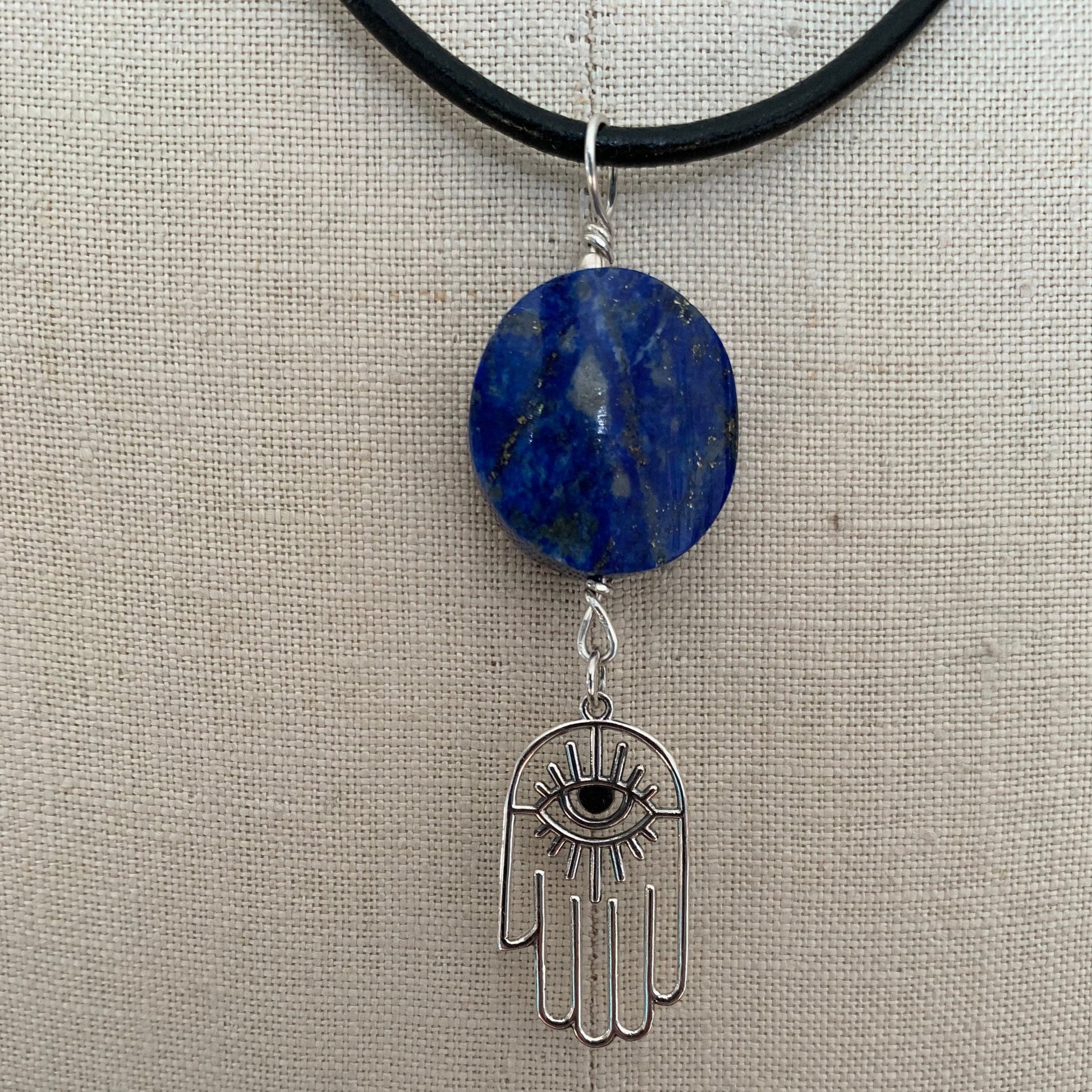 Pendant "Good Luck Charm" Afghan Lapis Focal, Sterling Hamsa, Good Luck, Protection, All Seeing Eye, Gender Neutral pendant, Throat chakra