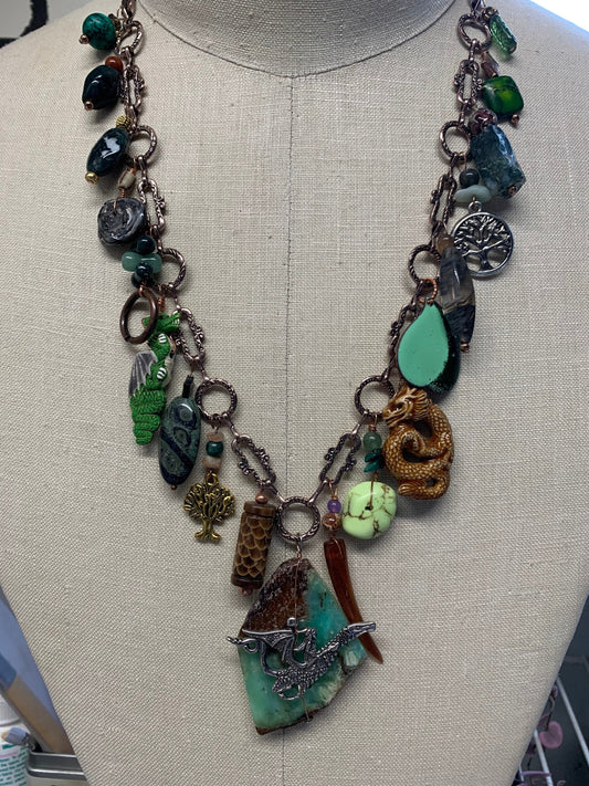 Necklace "Forest Dragon" Charm Necklace, Dragon necklace, Chrysoprase, Tree of Life, Moss agate, Up-cycled chain, Gift Idea, Gender Neutral