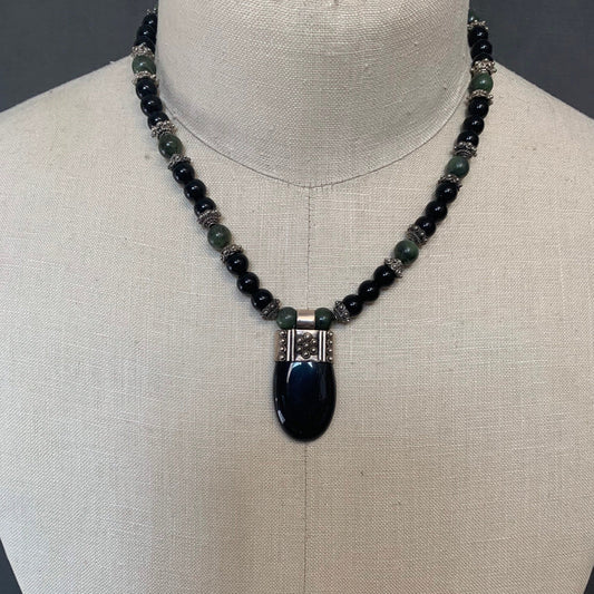 necklace "Grounded Prosperity" Onyx pendant, Onyx beads, Vintage Jade, Bali Silver caps, Reiki charged, Gender Neutral jewelry, Gift Idea