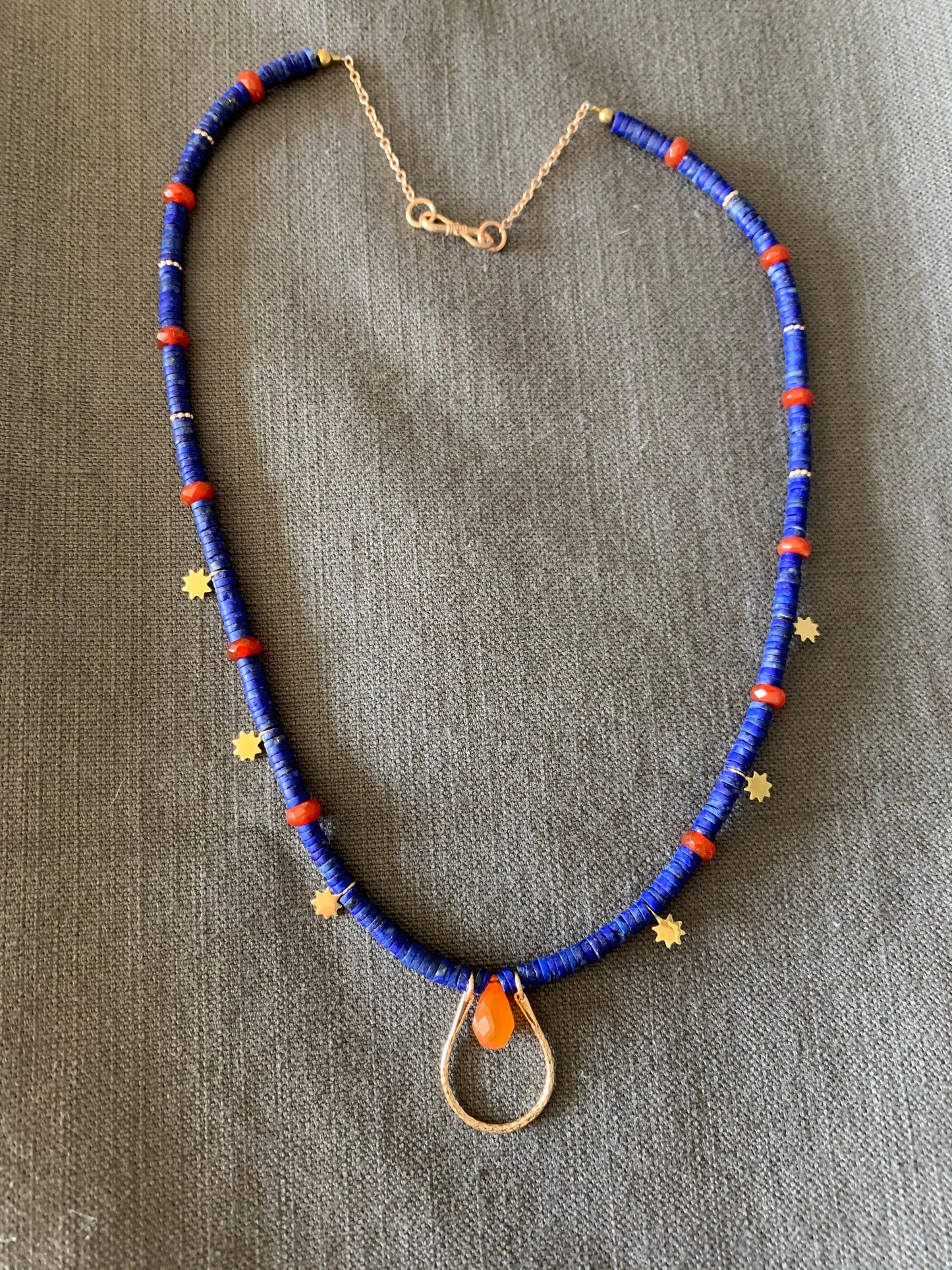 Necklace “Solar Crown” Bronze U link, Afghan Lapis, Carnelian, Bronze Suns, Gender Neutral, Symbol of Royalty, Gift Idea, Reiki charged