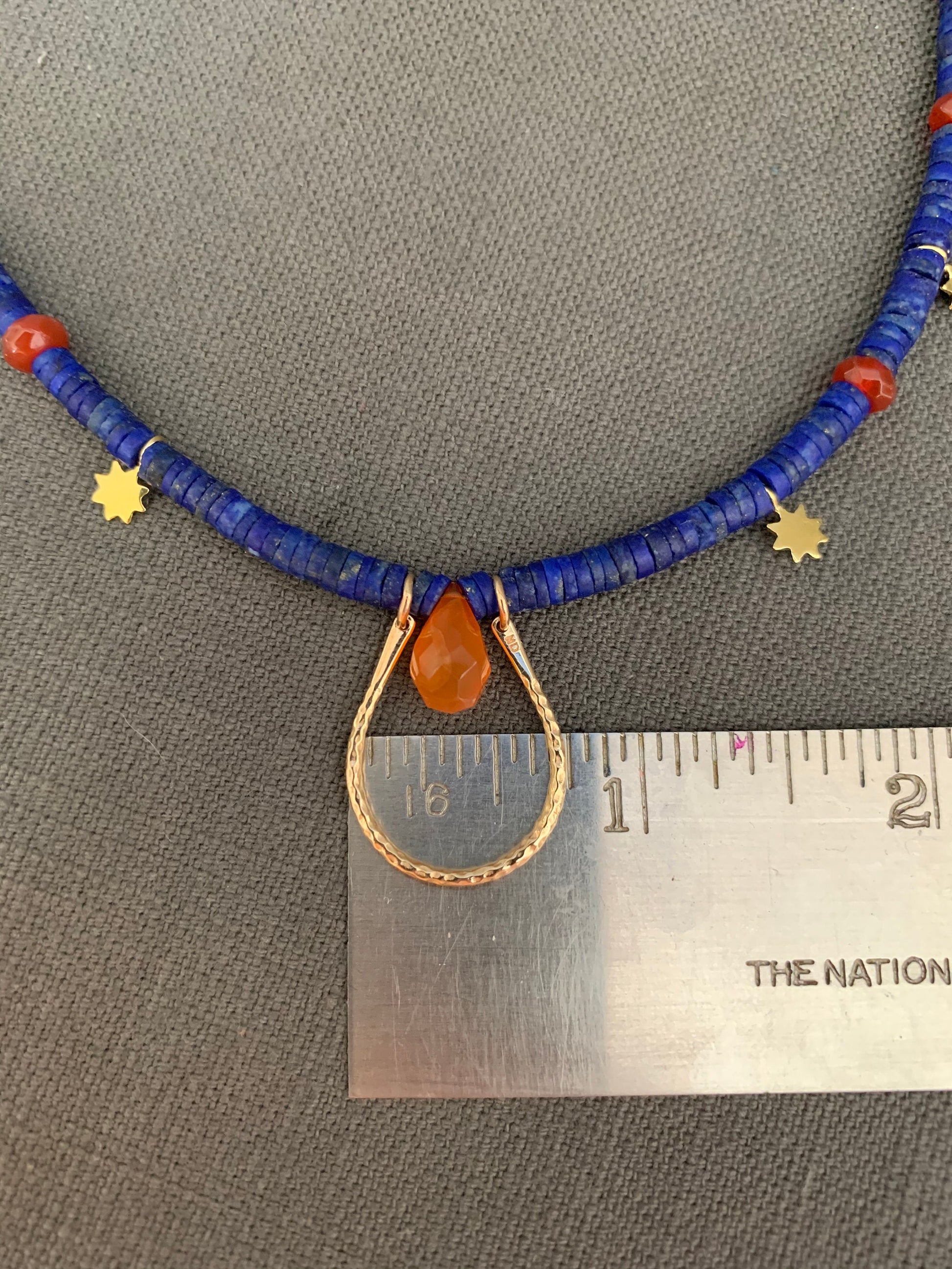 Necklace “Solar Crown” Bronze U link, Afghan Lapis, Carnelian, Bronze Suns, Gender Neutral, Symbol of Royalty, Gift Idea, Reiki charged