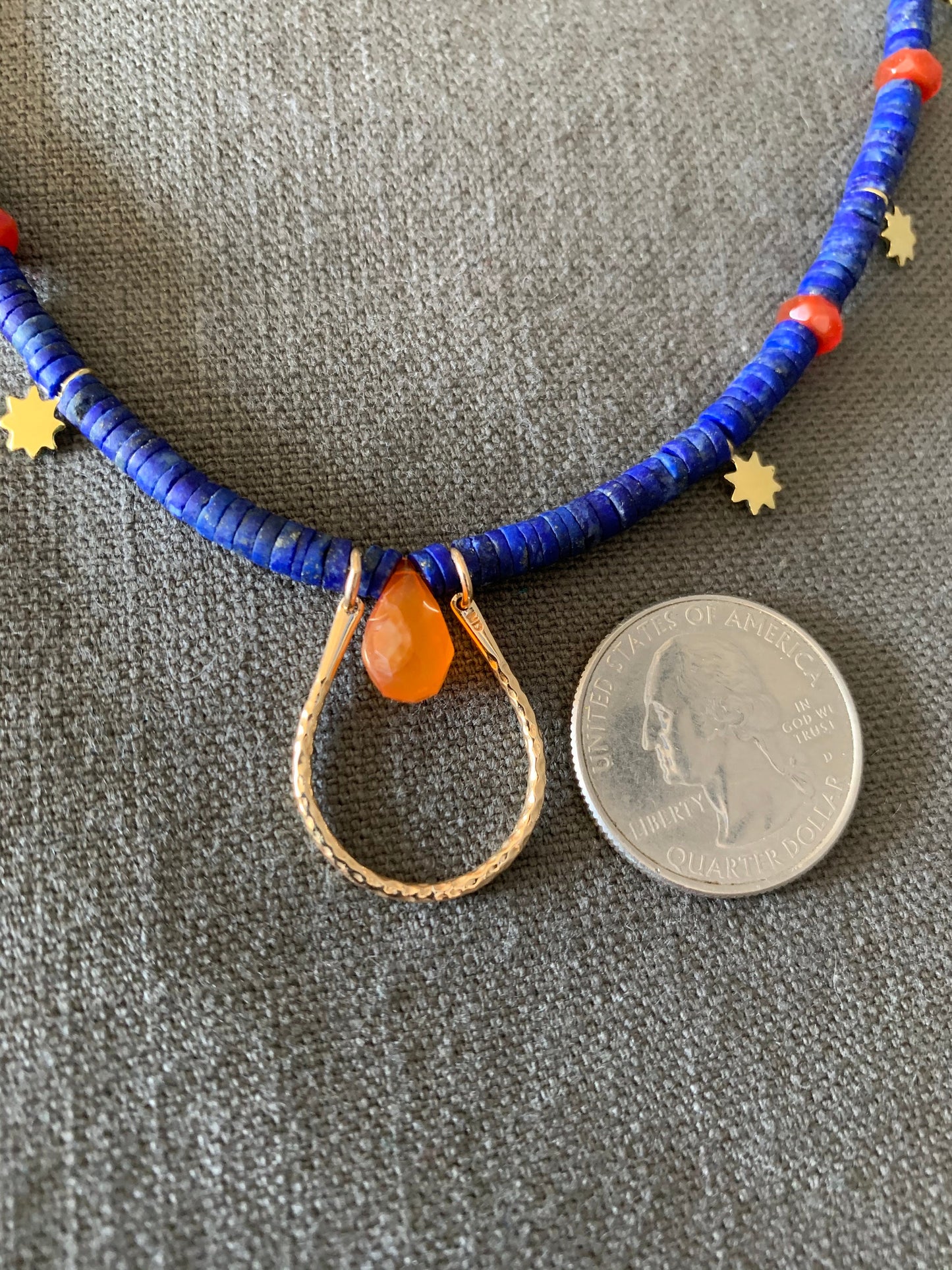 Necklace “Solar Crown” Bronze U link, Afghan Lapis, Carnelian, Bronze Suns, Gender Neutral, Symbol of Royalty, Gift Idea, Reiki charged