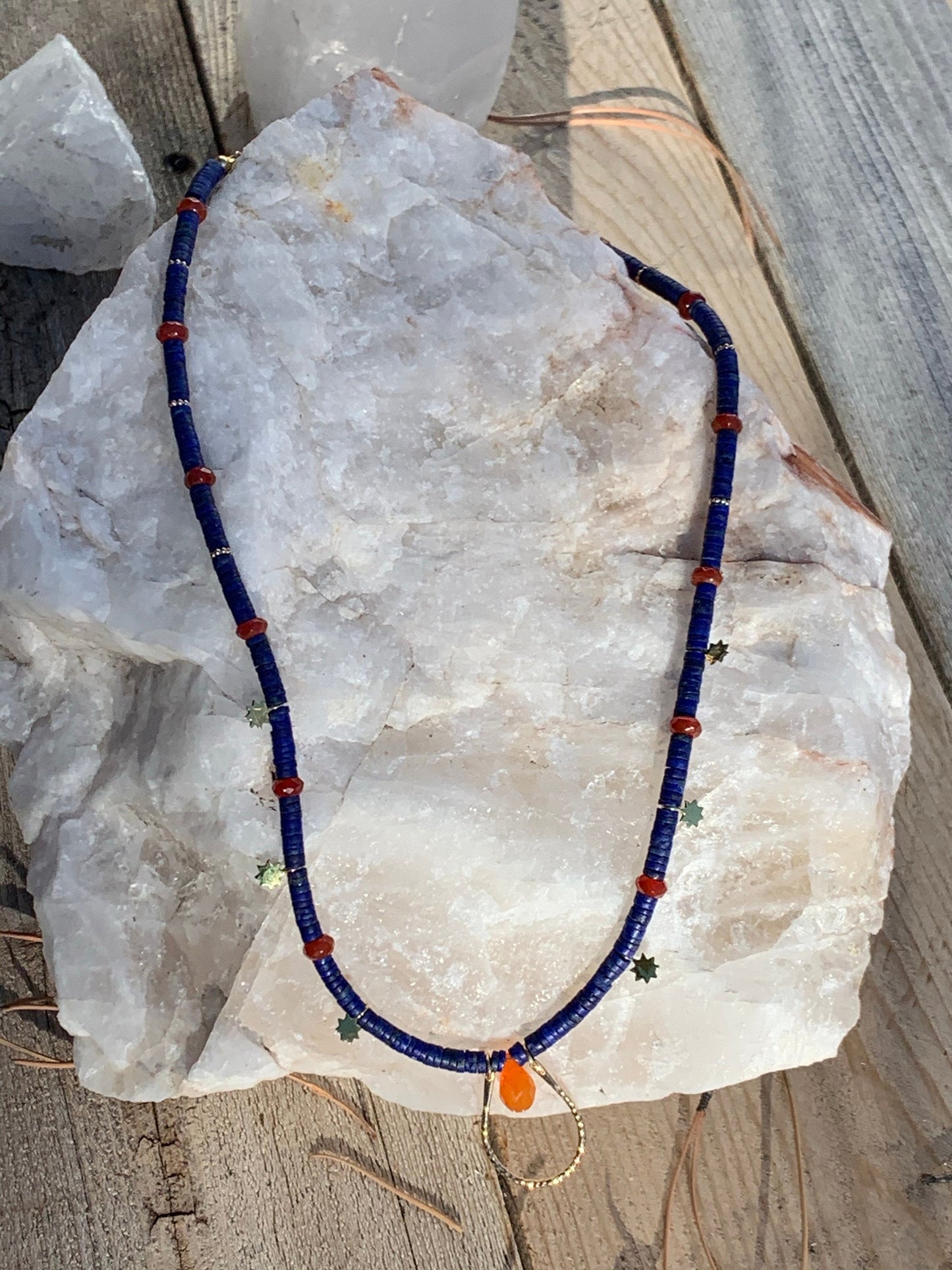 Necklace “Solar Crown” Bronze U link, Afghan Lapis, Carnelian, Bronze Suns, Gender Neutral, Symbol of Royalty, Gift Idea, Reiki charged