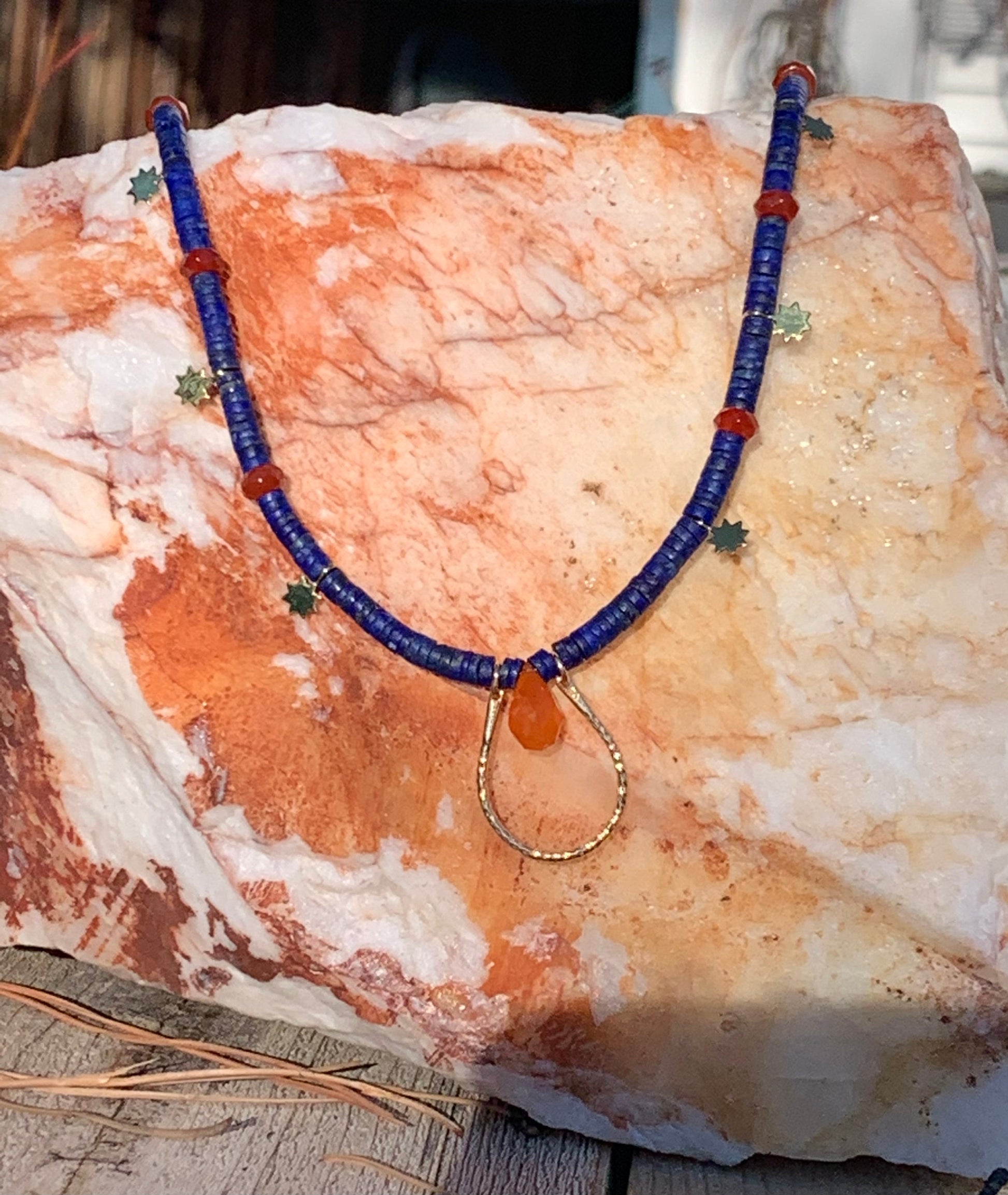 Necklace “Solar Crown” Bronze U link, Afghan Lapis, Carnelian, Bronze Suns, Gender Neutral, Symbol of Royalty, Gift Idea, Reiki charged