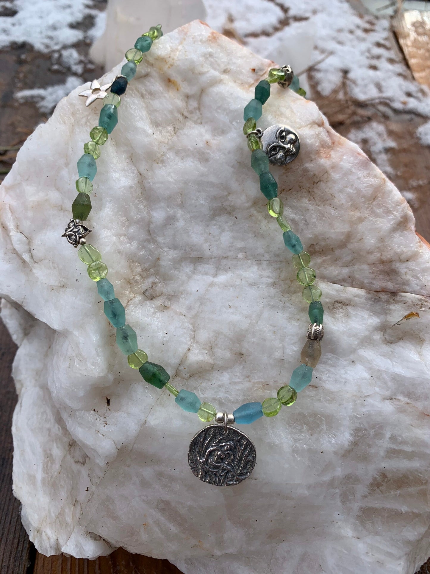 necklace "Wood Nymph" Sterling Nymph coin, Roman Glass, Peridot, Sterling Moon & Star charms, Hill Tribe Silver, Gift Idea, Reiki charged