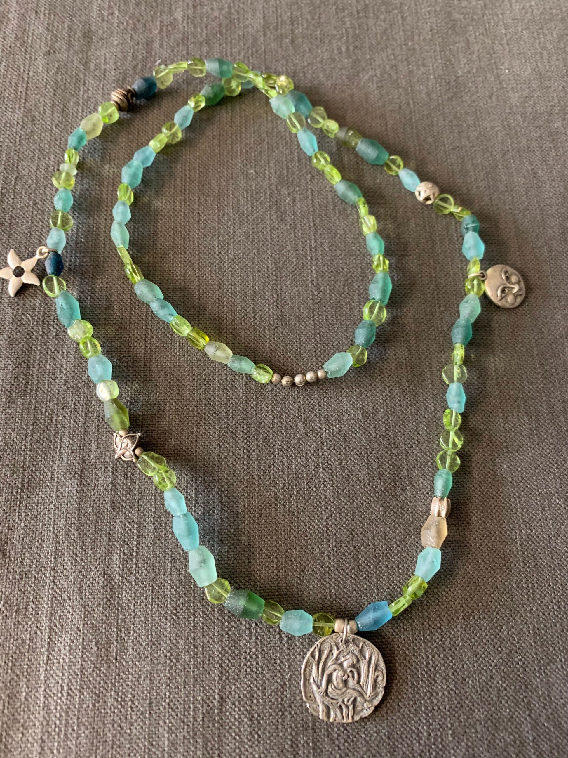 necklace "Wood Nymph" Sterling Nymph coin, Roman Glass, Peridot, Sterling Moon & Star charms, Hill Tribe Silver, Gift Idea, Reiki charged