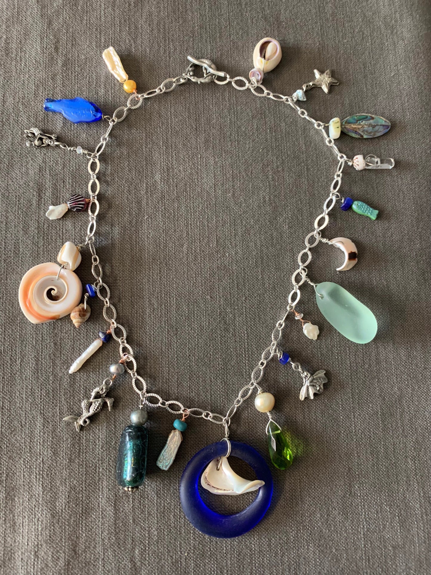 necklace "Mermaid Treasures" Charm necklace, Beach glass, recycled glass, Pearls, Shells, Mermaid charms, Mermaid jewelry, Beach, Gift idea