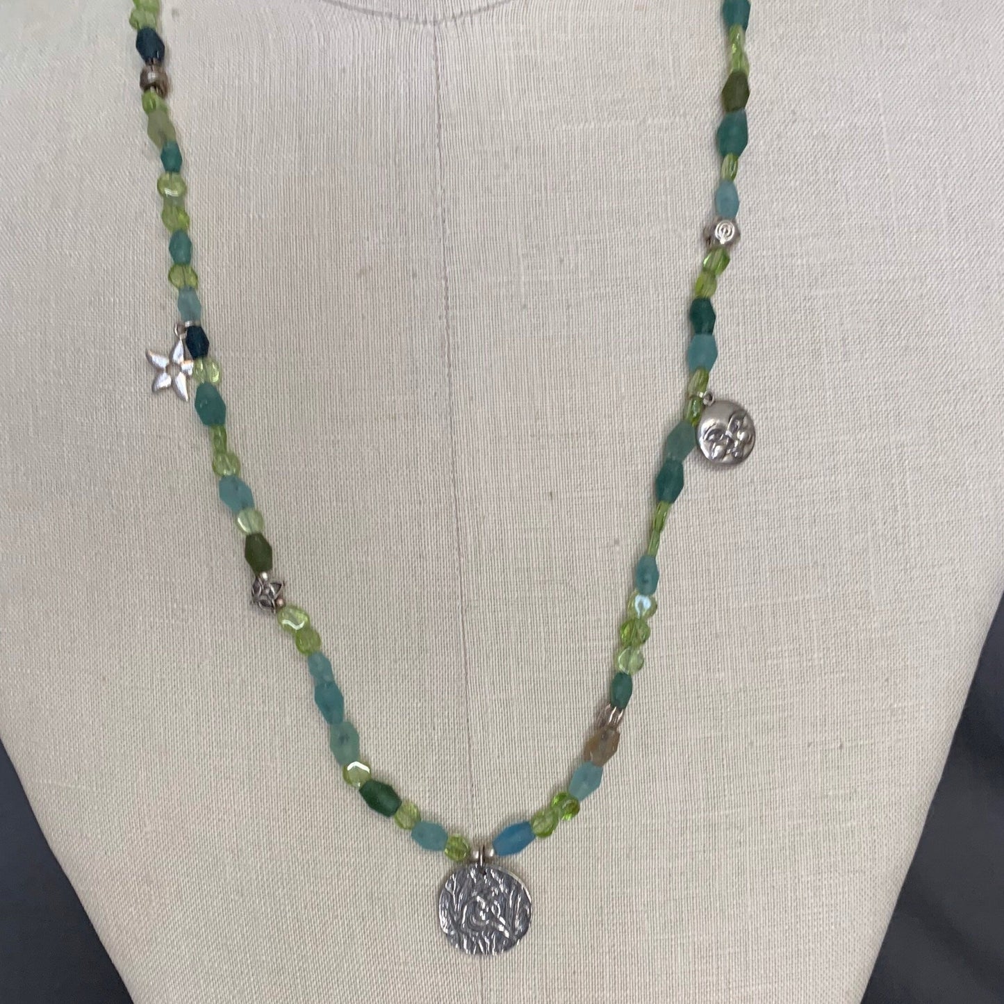 necklace "Wood Nymph" Sterling Nymph coin, Roman Glass, Peridot, Sterling Moon & Star charms, Hill Tribe Silver, Gift Idea, Reiki charged