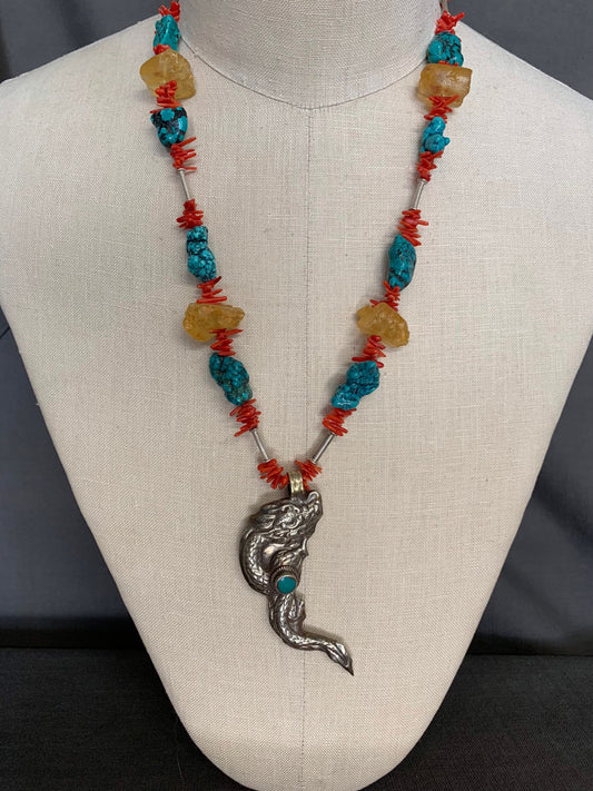 necklace "Primarily a Dragon" Dragon from Nepal, Turquoise, Amber, Statement piece, Gift idea,  Coral, Reiki charged