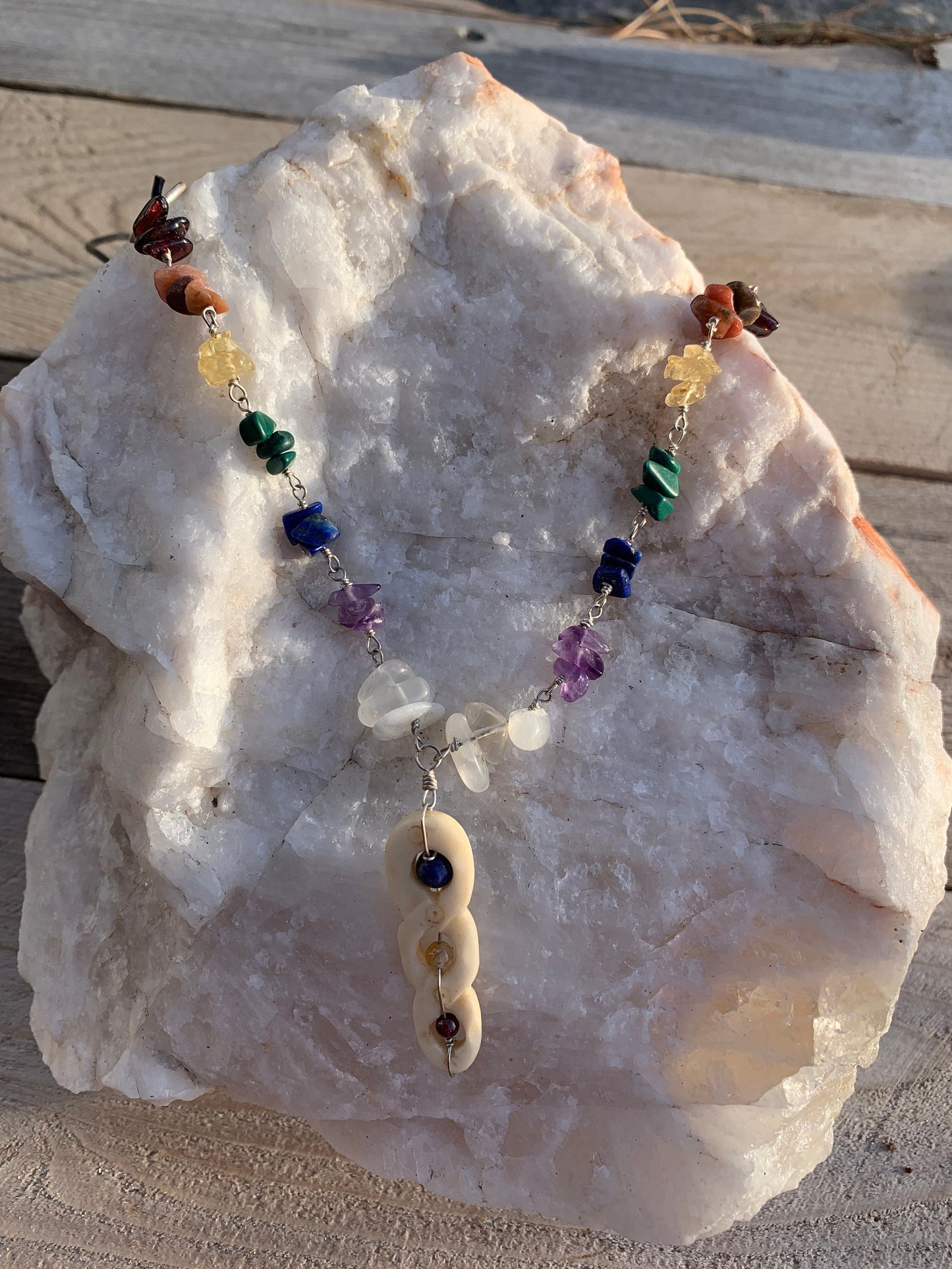 necklace "Helix" Carved Bone pendant, Rainbow stones, LGBTQ+ Jewelry, Pride jewelry, Chakra necklace, Reiki charged, Handmade chain, Rainbow