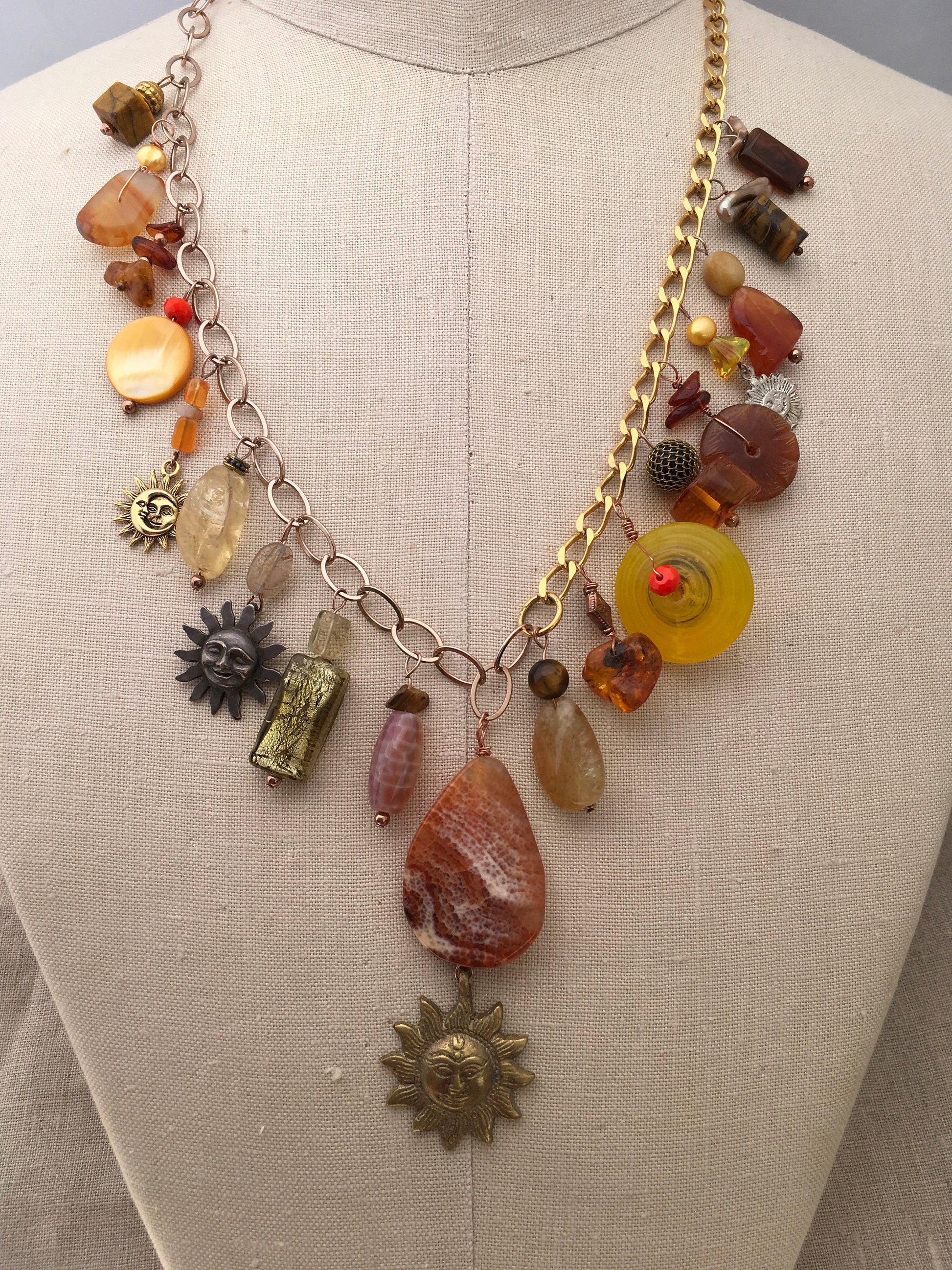 necklace "Du Soleil" Fire agate & Brass Sun pendant, Citrine, Carnelian, Handmade Charms, Sun Charms, Charm necklace, Reiki charged