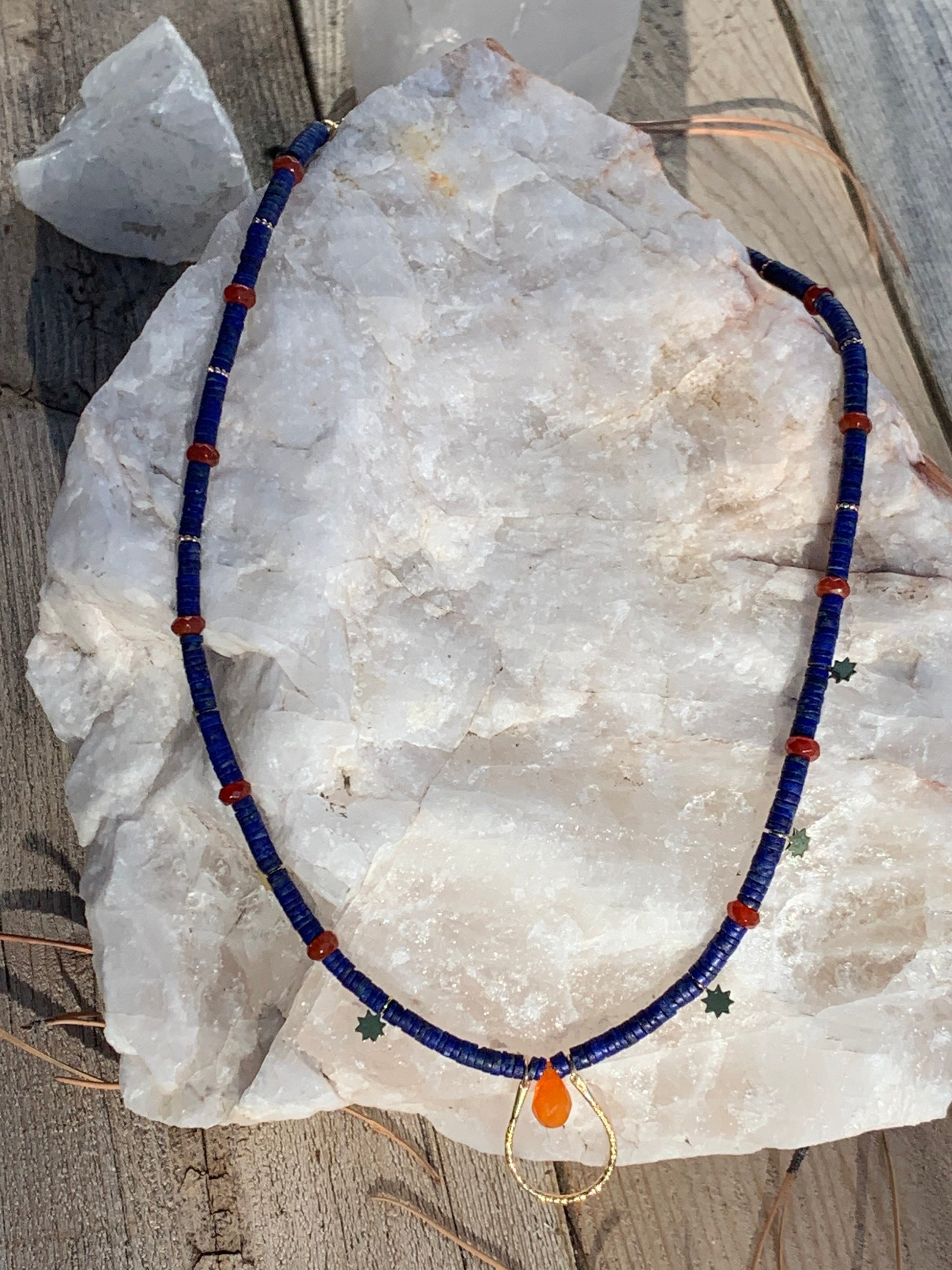 Necklace “Solar Crown” Bronze U link, Afghan Lapis, Carnelian, Bronze Suns, Gender Neutral, Symbol of Royalty, Gift Idea, Reiki charged