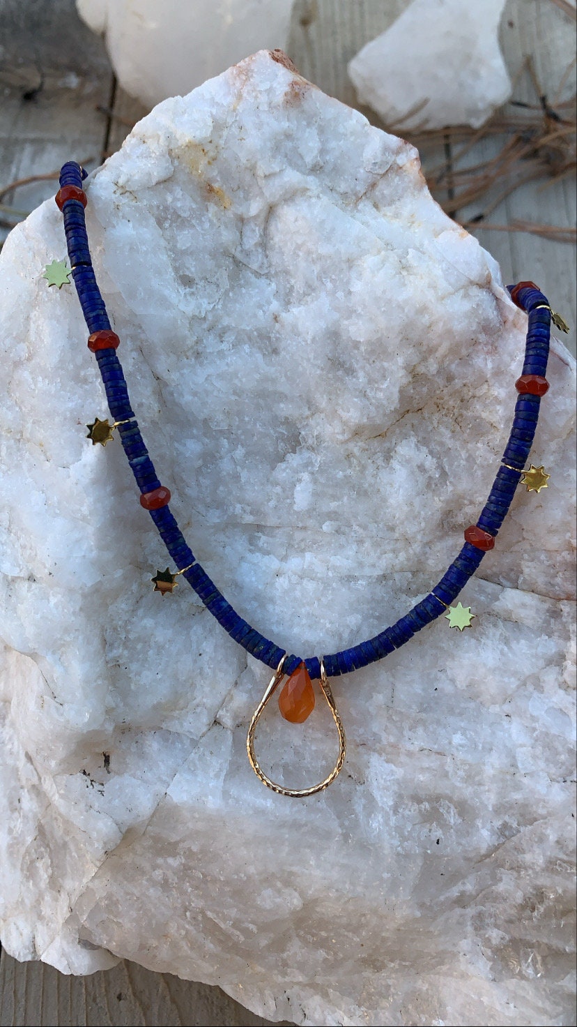 Necklace “Solar Crown” Bronze U link, Afghan Lapis, Carnelian, Bronze Suns, Gender Neutral, Symbol of Royalty, Gift Idea, Reiki charged