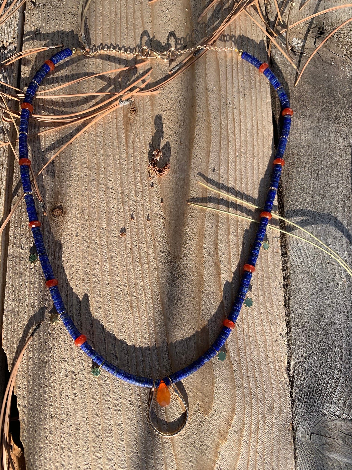 Necklace “Solar Crown” Bronze U link, Afghan Lapis, Carnelian, Bronze Suns, Gender Neutral, Symbol of Royalty, Gift Idea, Reiki charged