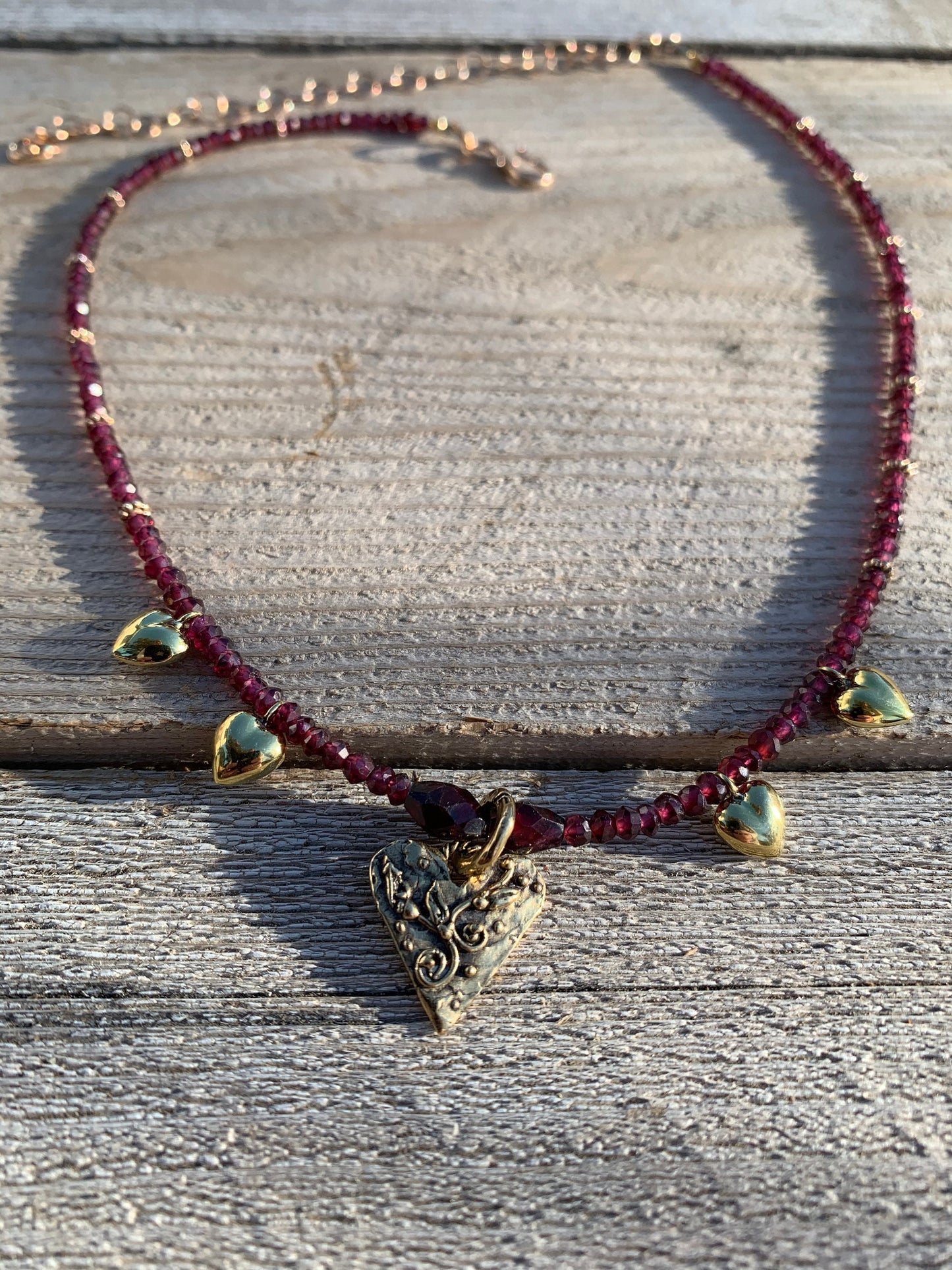 Necklace “Bohemian Heart” Hand cast Bronze Heart, Garnets, Bronze Puffed hearts, Gift idea, Valentines Day, Bridal Jewelry, Reiki charged