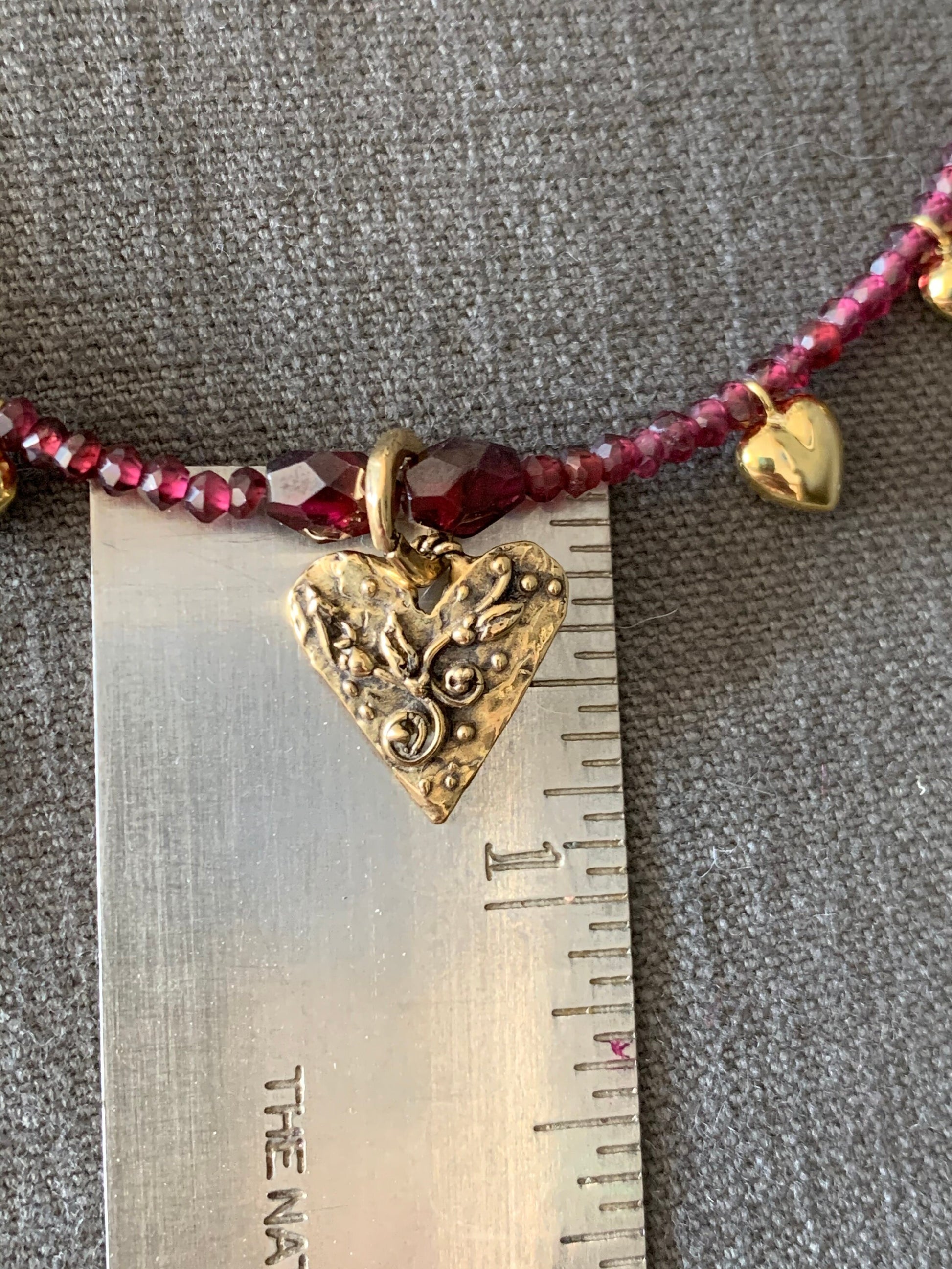 Necklace “Bohemian Heart” Hand cast Bronze Heart, Garnets, Bronze Puffed hearts, Gift idea, Valentines Day, Bridal Jewelry, Reiki charged